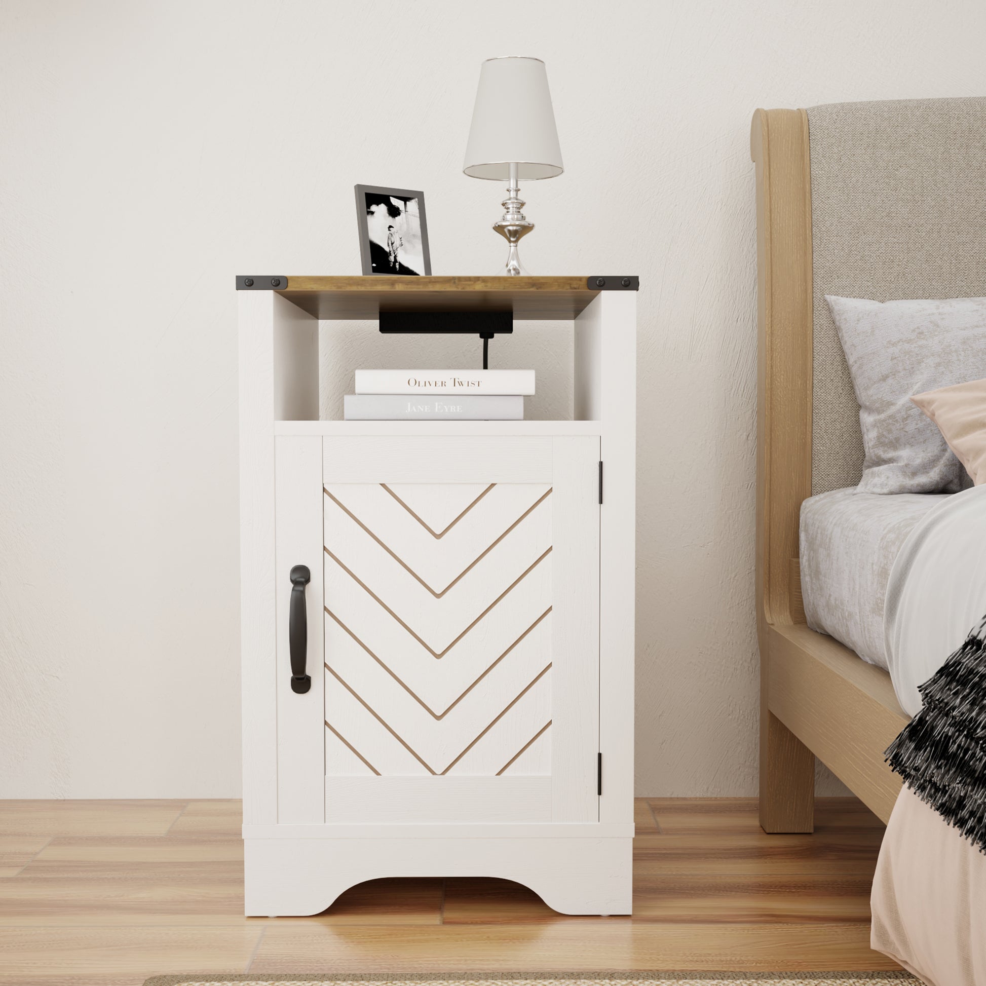 Farmhouse Nightstand Side Table, Wooden Rustic End Table, Tall Bedside Table With Electrical Outlets Charging Station White & Oak White Oak Engineered Wood