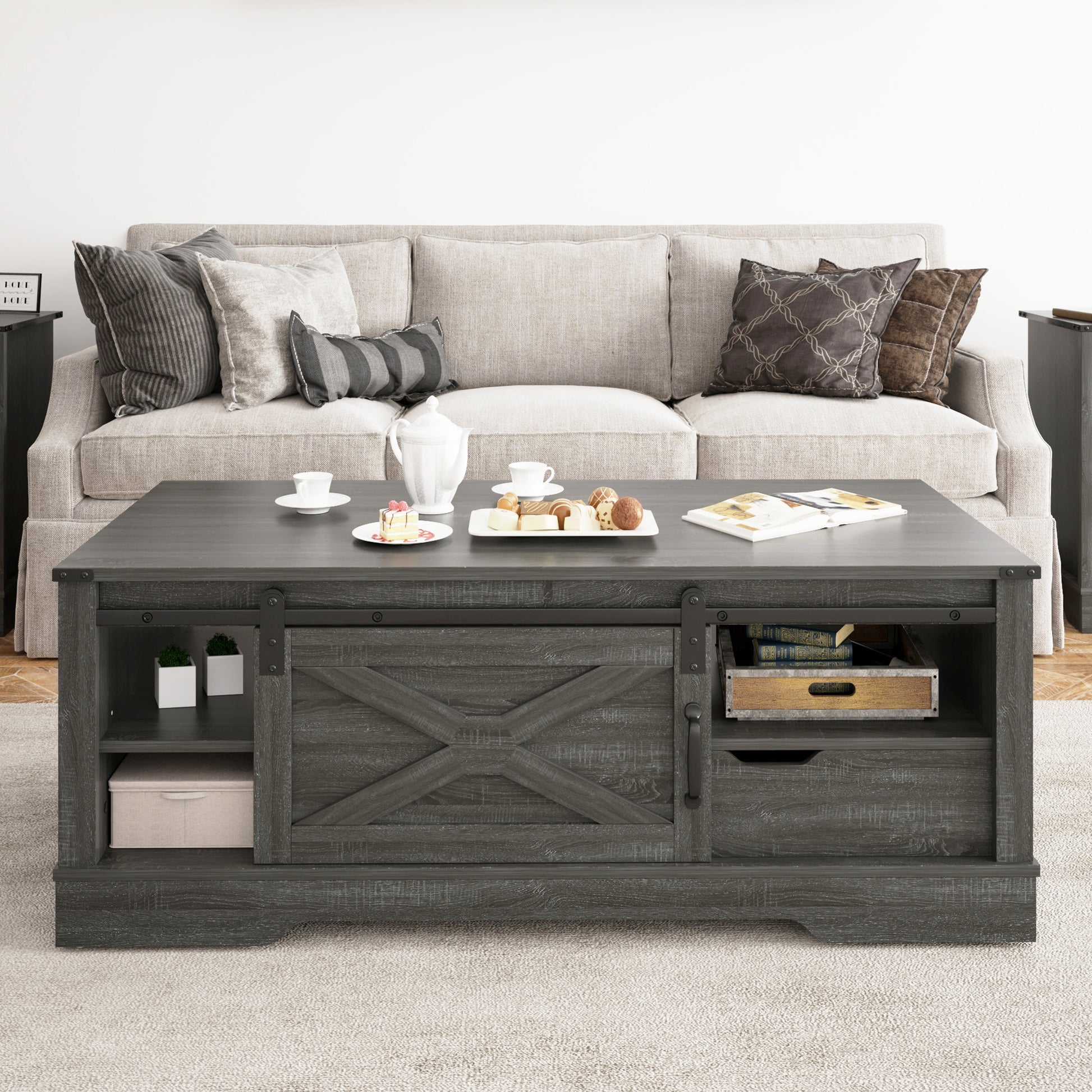 Farmhouse Sliding Barn Door Coffee Storage Large Rectangular Table Dark Gray Dark Grey Engineered Wood