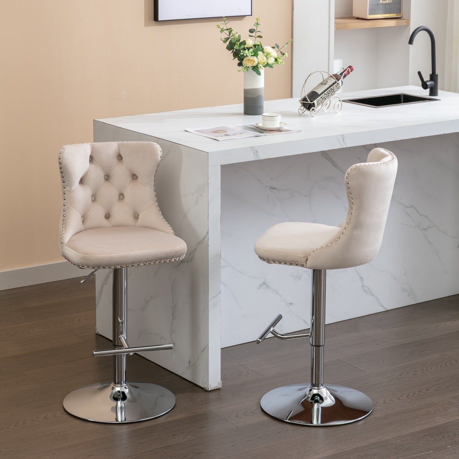 Swivel Velvet Barstools Adjusatble Seat Height From 25 33 Inch, Modern Upholstered Chrome Base Bar Stools With Backs Comfortable Tufted For Home Pub And Kitchen Island, Beige,Set Of 2 Beige Dining Room American Design Bar Stools Foam Velvet