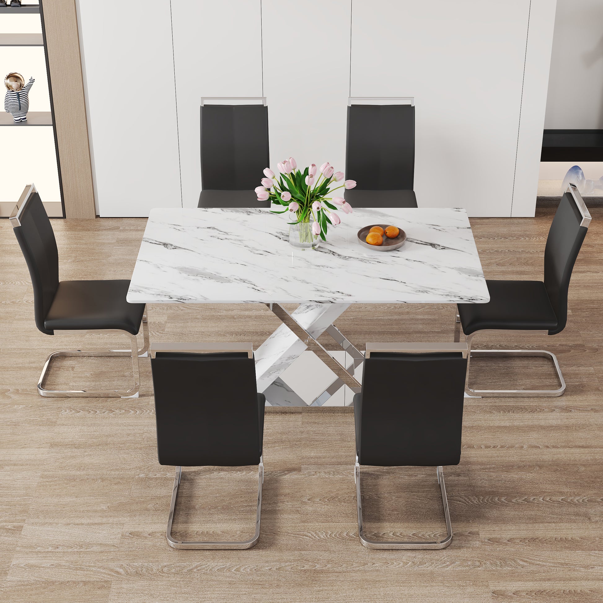 Modern White Rectangular Marble Textured Glass Dining Table And Office Desk. Equipped With Stainless Steel Base. Beautiful And Durable. 63"*37"*30" White Glass