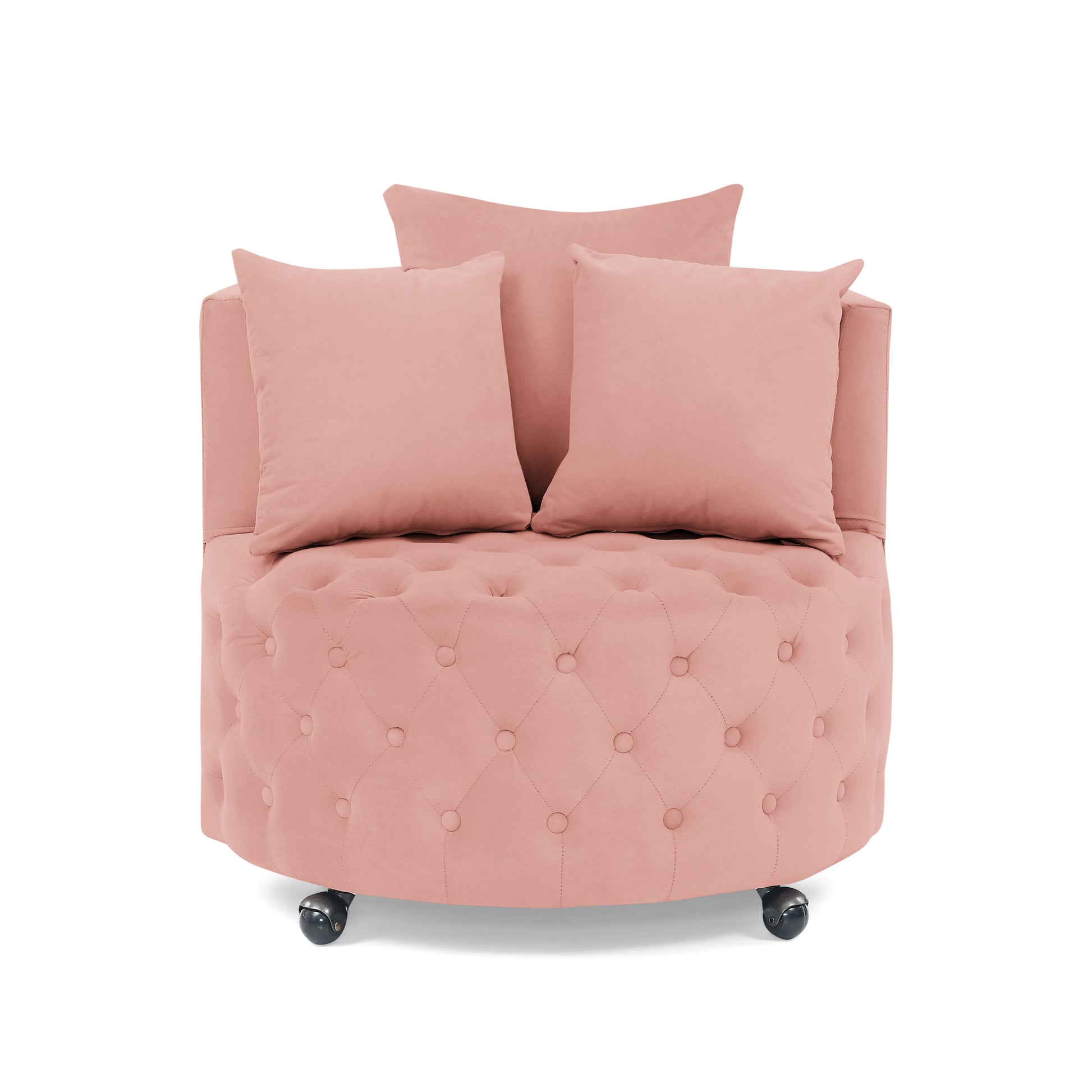 Velvet Upholstered Swivel Chair For Living Room, With Button Tufted Design And Movable Wheels, Including 3 Pillows, Pink Pink Foam