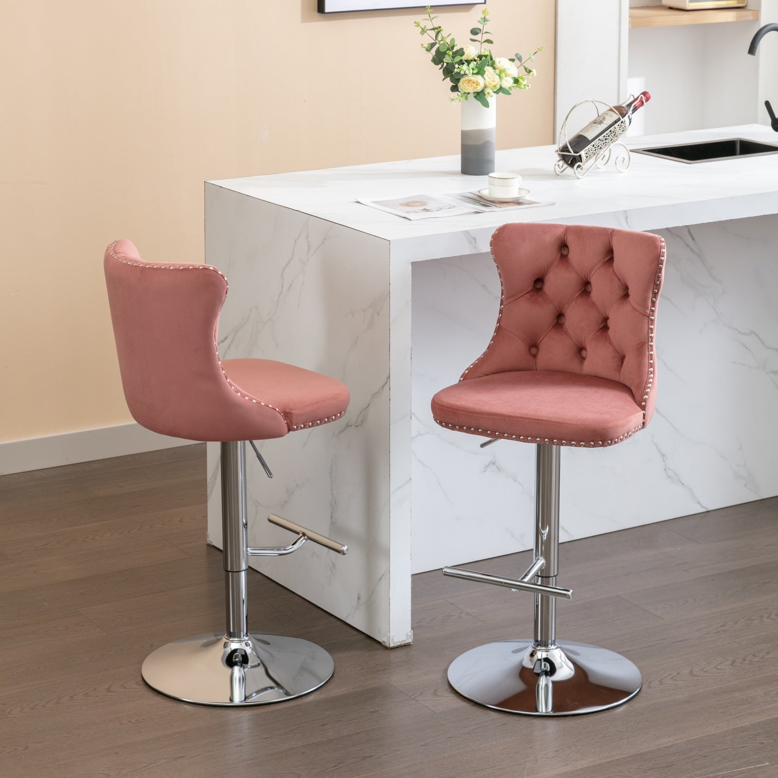 Swivel Velvet Barstools Adjusatble Seat Height From 25 33 Inch, Modern Upholstered Chrome Base Bar Stools With Backs Comfortable Tufted For Home Pub And Kitchen Island, Pink,Set Of 2,1712Pk Pink Dining Room American Design Bar Stools Foam Velvet