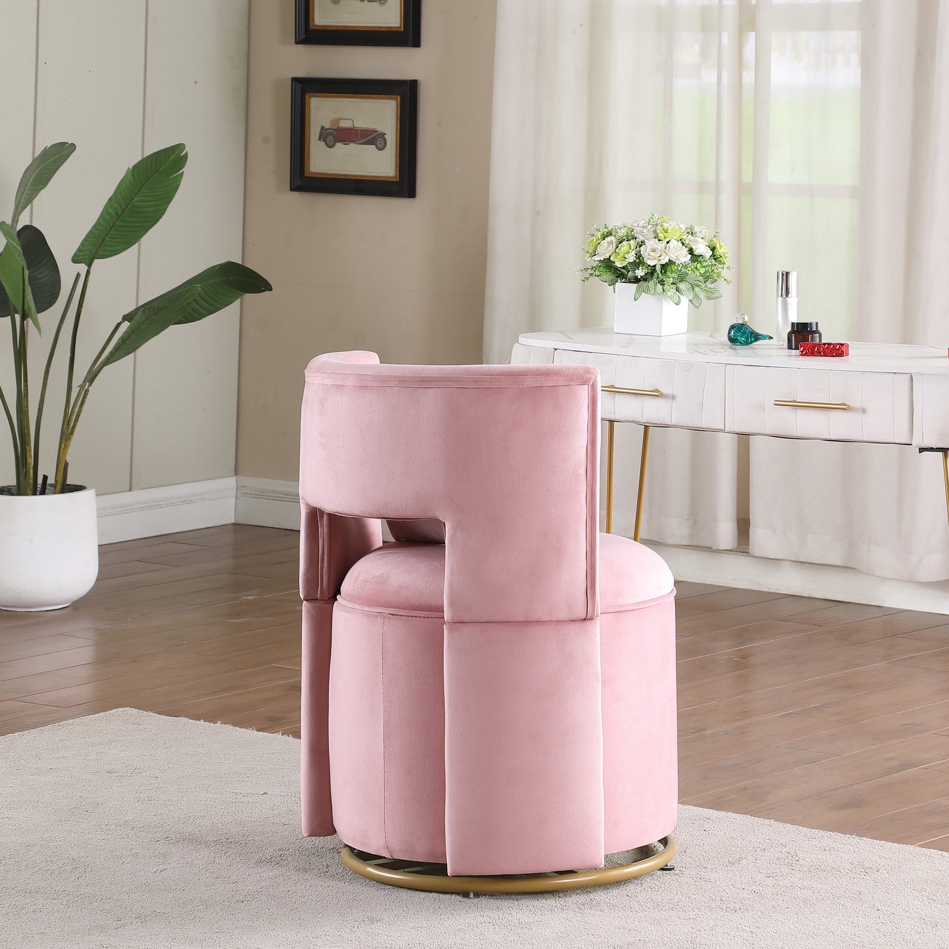 360 Swivel Accent Chair With Storage Function, Velvet Curved Chair With Gold Metal Base For Living Room, Nursery, Bedroom Video Pink Velvet