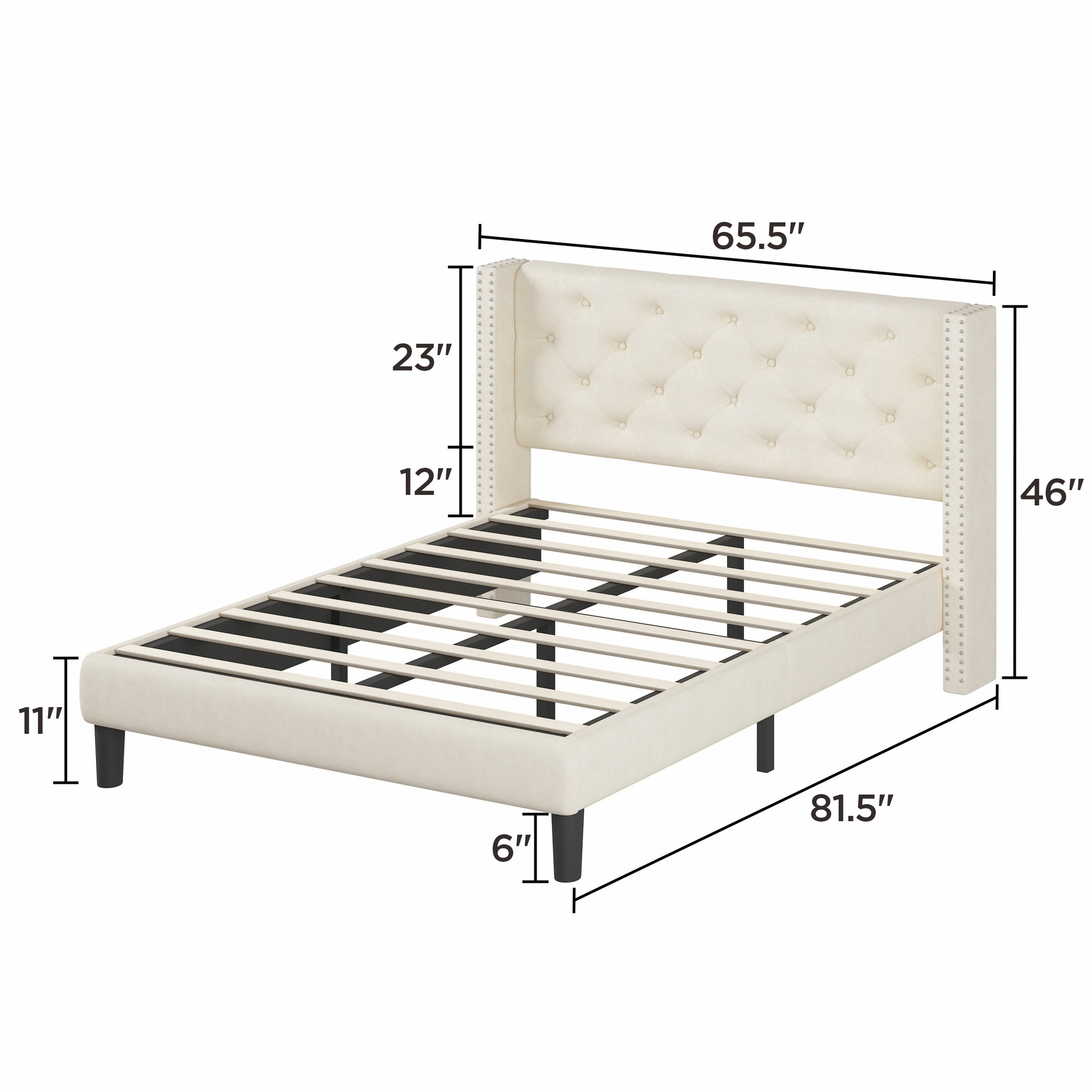 Queen Size Platform Bed with Upholstered Headboard and beige-wood