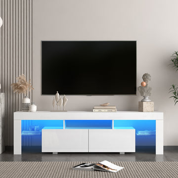 High Gloss Tv Stand With Led Lights For Tvs Up To 65'', Modern Tv Console With Storage Cabinets For Living Room White 60 69 Inches Mdf