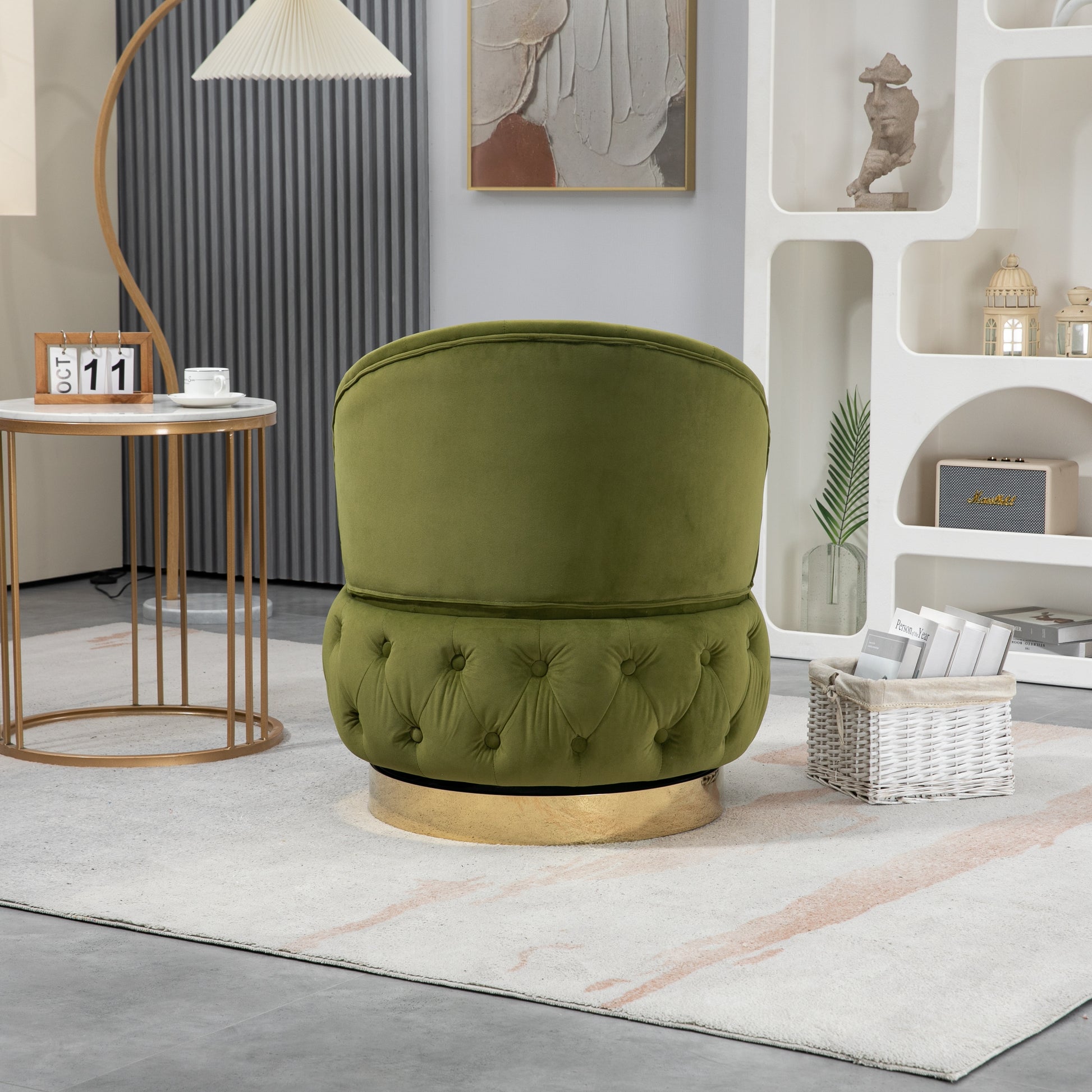360 Degree Swivel Cuddle Barrel Accent Storage Chairs, Round Armchairs With Wide Upholstered, Fluffy Velvet Fabric Chair For Living Room, Bedroom, Office, Waiting Rooms Olive Green Primary Living Space Foam Velvet