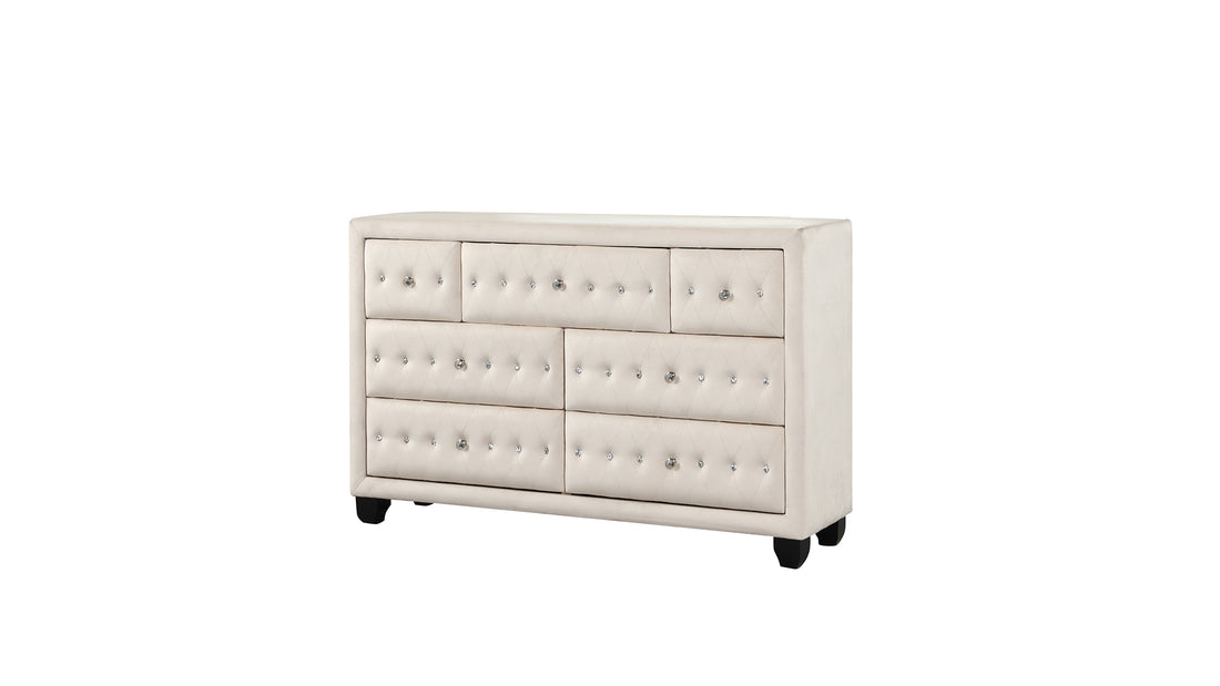 Sophia Modern Style Crystal Tufted Upholstery 5 Drawer Chest Finished With Velvet Fabric Made With Wood In Cream Cream Bedroom Contemporary,Modern Upholstered Wood