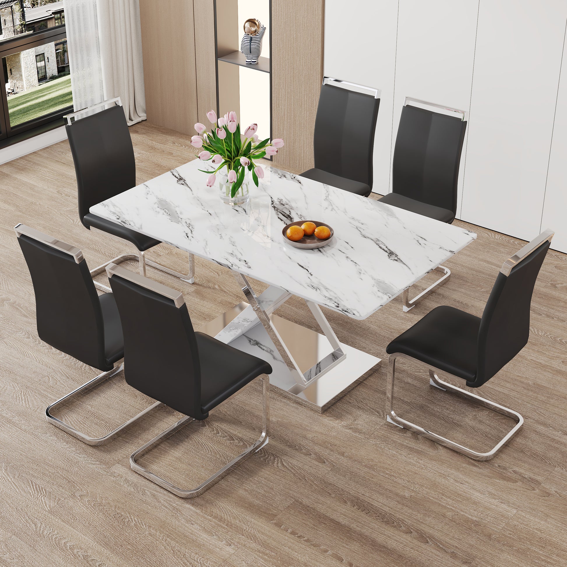 Modern White Rectangular Marble Textured Glass Dining Table And Office Desk. Equipped With Stainless Steel Base. Beautiful And Durable. 63"*37"*30" White Glass