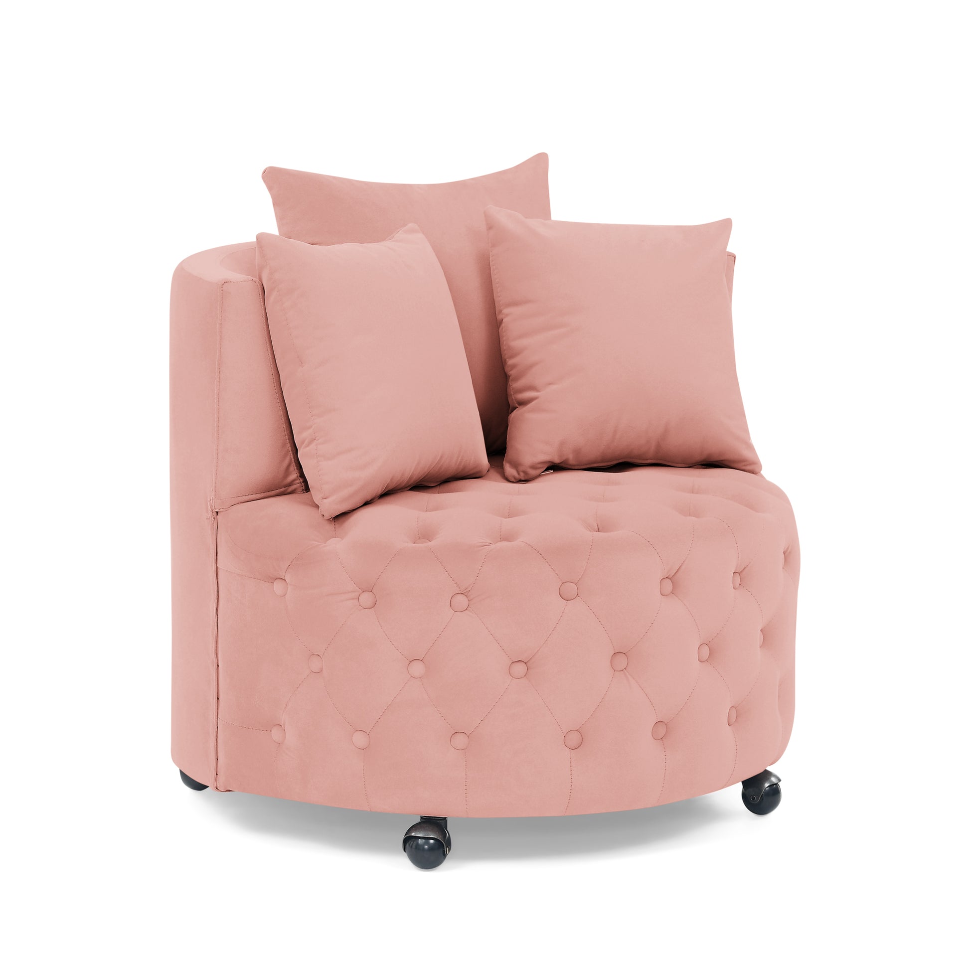Velvet Upholstered Swivel Chair For Living Room, With Button Tufted Design And Movable Wheels, Including 3 Pillows, Pink Pink Foam