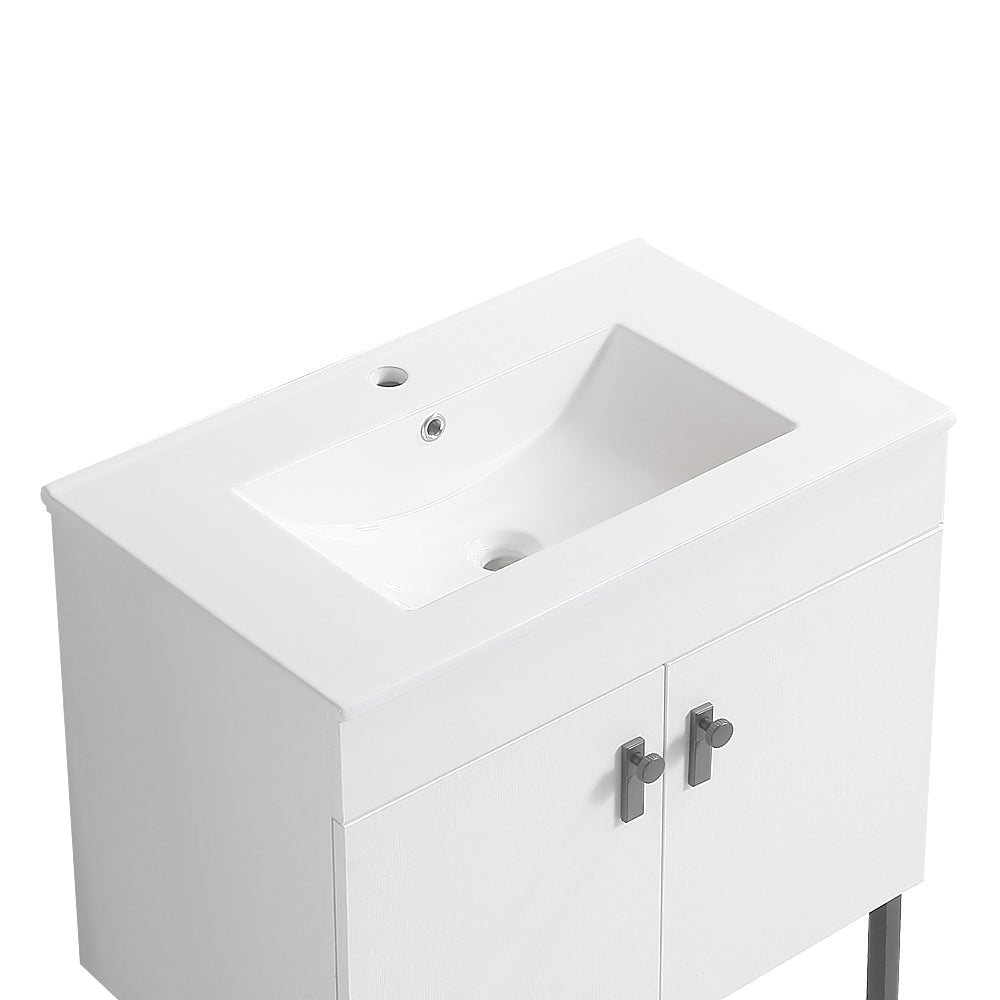 30" Bathroom Vanity with Metal Leg,with White Ceramic white-solid wood