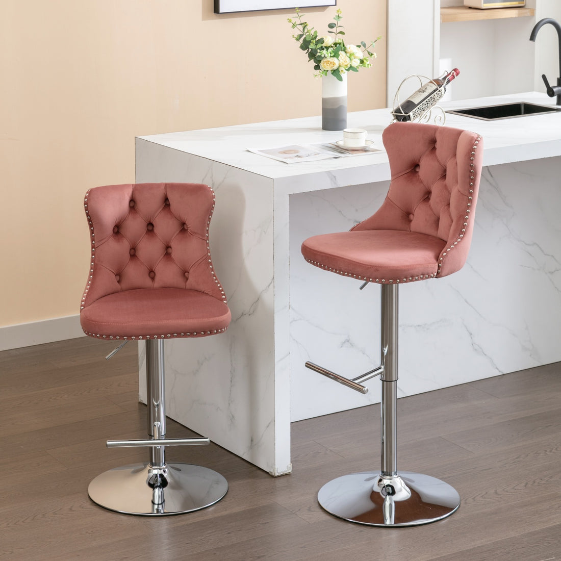 Swivel Velvet Barstools Adjusatble Seat Height From 25 33 Inch, Modern Upholstered Chrome Base Bar Stools With Backs Comfortable Tufted For Home Pub And Kitchen Island, Pink,Set Of 2,1712Pk Pink Dining Room American Design Bar Stools Foam Velvet