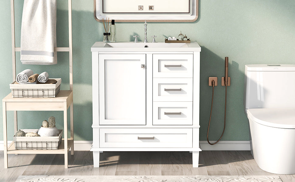 30" Bathroom Vanitymodern Bathroom Cabinet With Sink Combo Set, Bathroom Storage Cabinet With A Soft Closing Door And 3 Drawers, Solid Wood Frame Resin Basin White Solid Wood Mdf