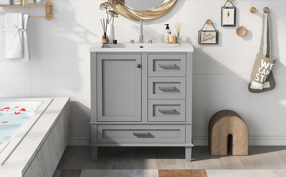 30" Bathroom Vanitymodern Bathroom Cabinet With Sink Combo Set, Bathroom Storage Cabinet With A Soft Closing Door And 3 Drawers, Solid Wood Frame Resin Basin Grey Solid Wood Mdf