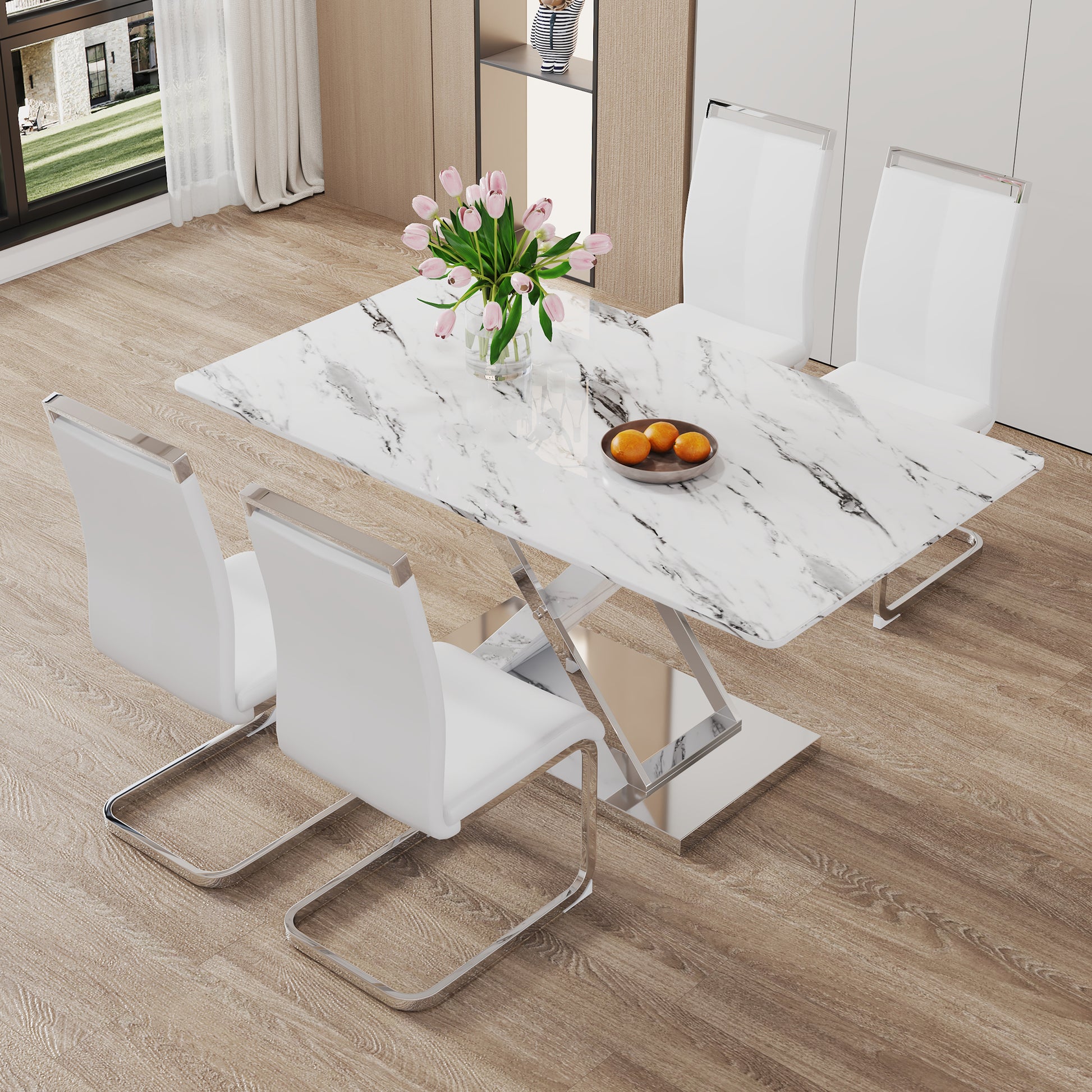 Modern White Rectangular Marble Textured Glass Dining Table And Office Desk. Equipped With Stainless Steel Base. Beautiful And Durable. 63"*37"*30" White Glass