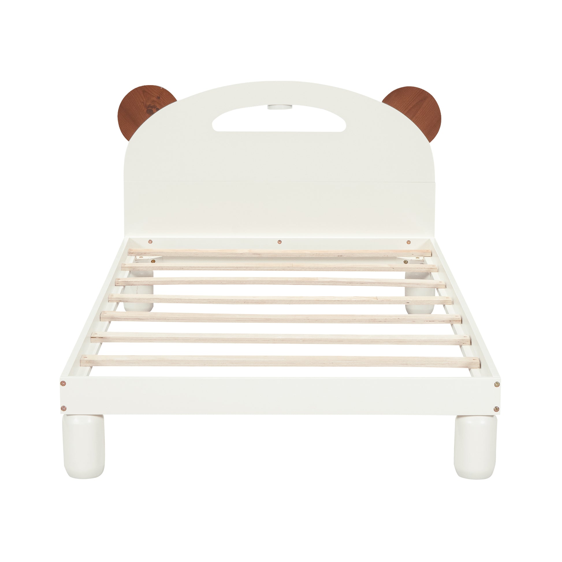 Twin Size Platform Bed With Bear Ears Shaped Headboard And Led, Cream White Box Spring Not Required Twin Cream White Wood Bedroom Solid Wood Mdf
