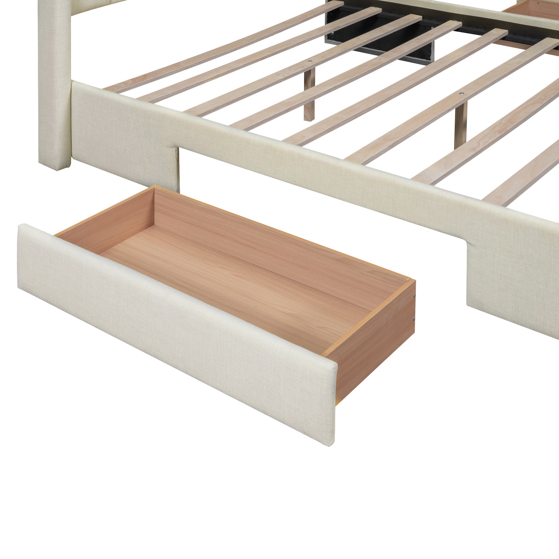 Full Size Upholstered Platform Bed With One Large Drawer In The Footboard And Drawer On Each Side,Beige Box Spring Not Required Full Beige Wood Bedroom Bed Frame Linen Upholstered