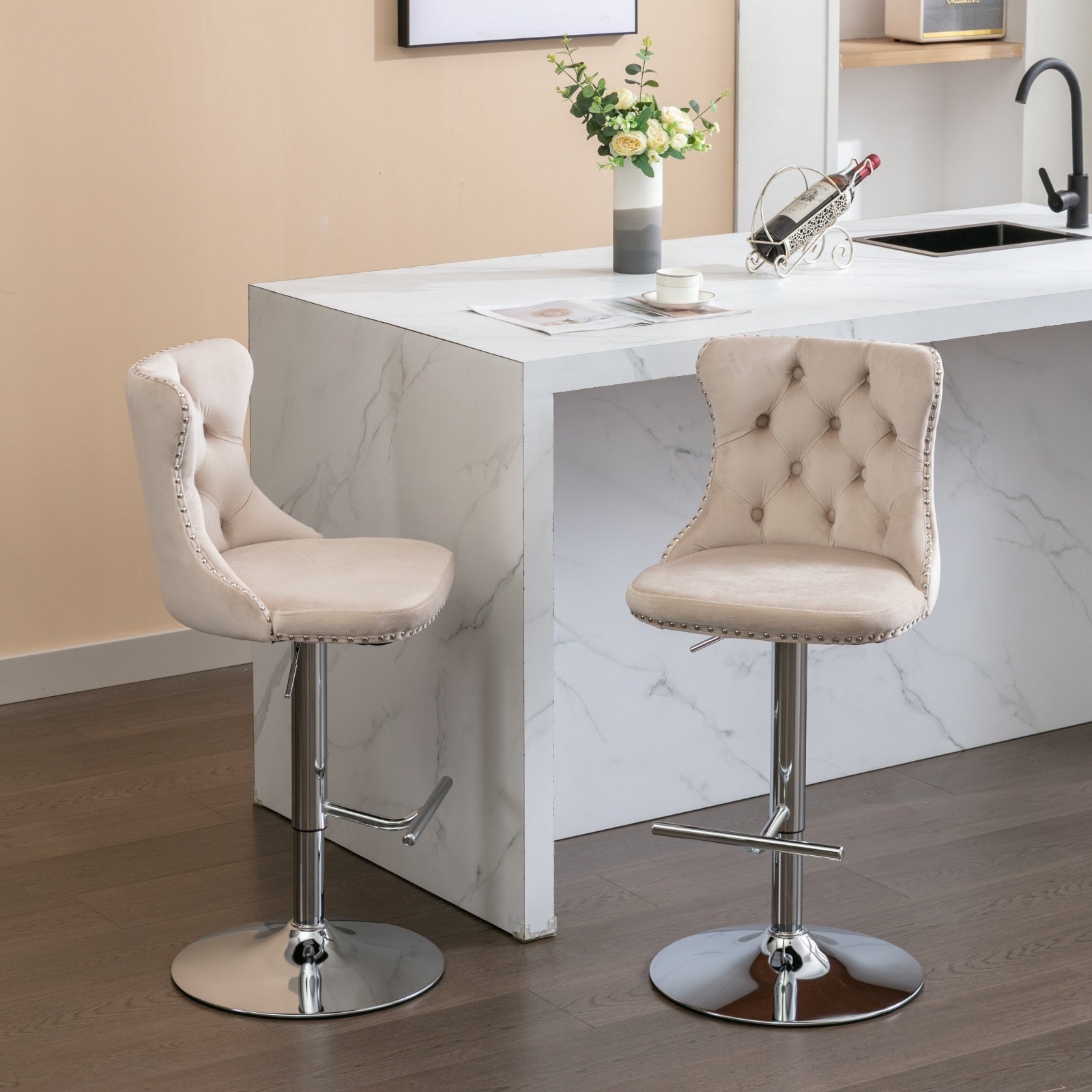 Swivel Velvet Barstools Adjusatble Seat Height From 25 33 Inch, Modern Upholstered Chrome Base Bar Stools With Backs Comfortable Tufted For Home Pub And Kitchen Island, Beige,Set Of 2 Beige Dining Room American Design Bar Stools Foam Velvet