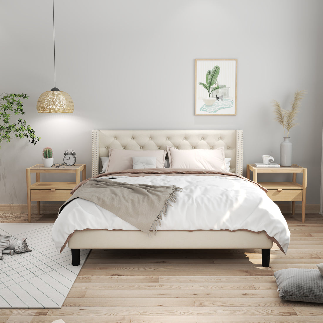 Full Size Frame Platform Bed with Upholstered beige-wood