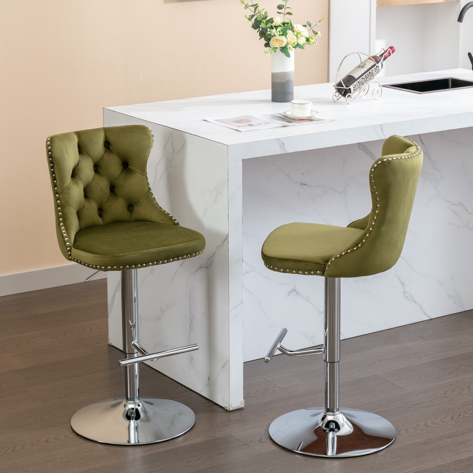 Swivel Velvet Barstools Adjusatble Seat Height From 25 33 Inch, Modern Upholstered Chrome Base Bar Stools With Backs Comfortable Tufted For Home Pub And Kitchen Island, Olive Green,Set Of 2,1712Ol