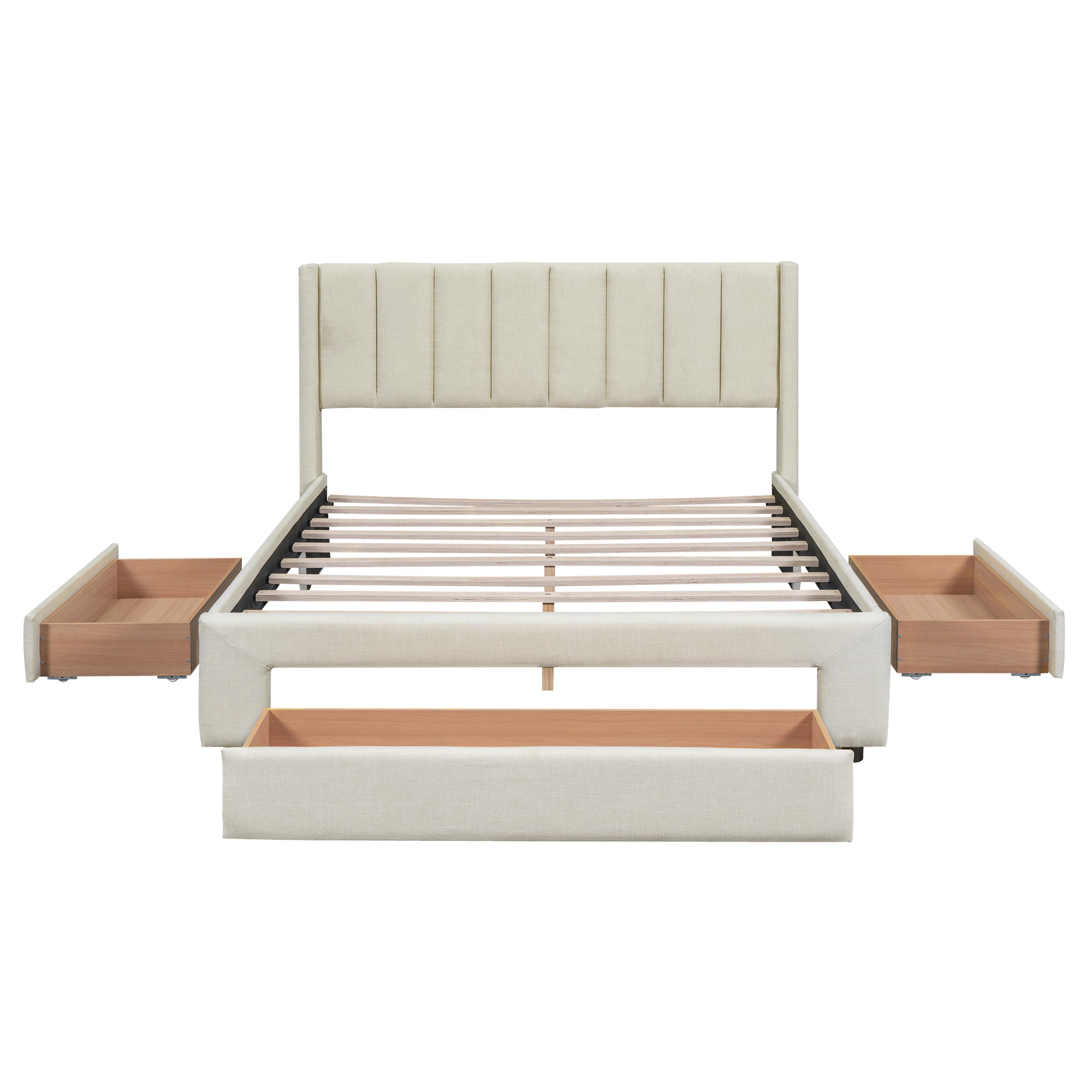 Full Size Upholstered Platform Bed With One Large Drawer In The Footboard And Drawer On Each Side,Beige Box Spring Not Required Full Beige Wood Bedroom Bed Frame Linen Upholstered