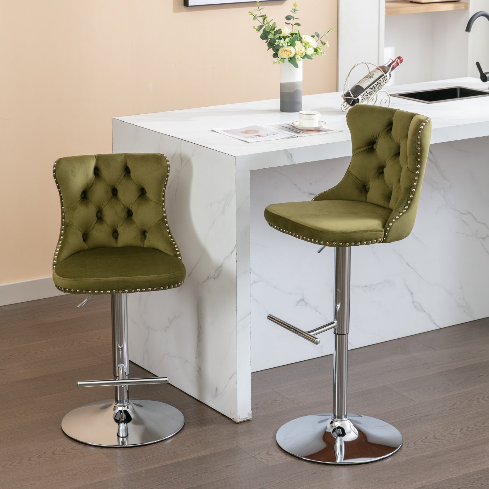 Swivel Velvet Barstools Adjusatble Seat Height From 25 33 Inch, Modern Upholstered Chrome Base Bar Stools With Backs Comfortable Tufted For Home Pub And Kitchen Island, Olive Green,Set Of 2,1712Ol