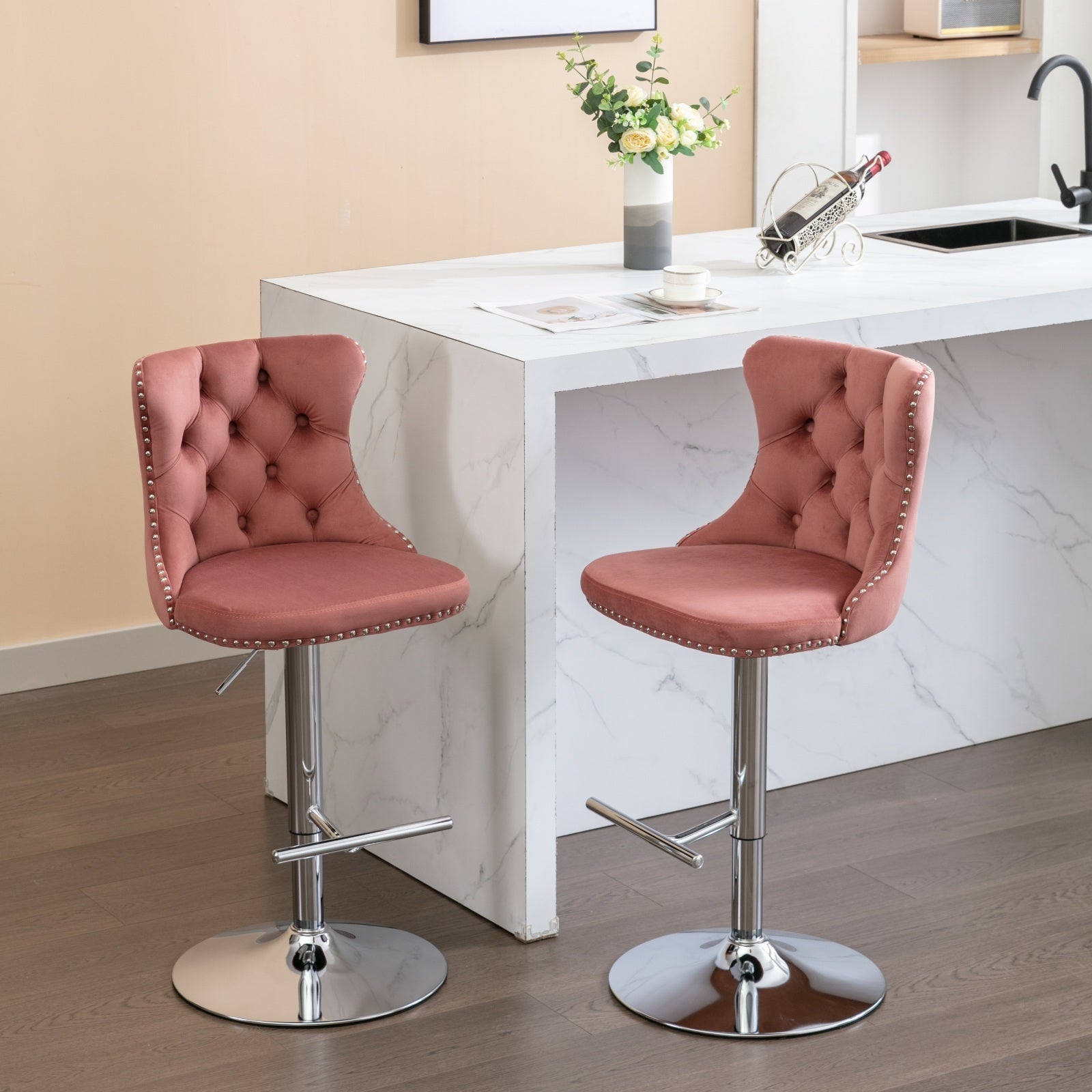 Swivel Velvet Barstools Adjusatble Seat Height From 25 33 Inch, Modern Upholstered Chrome Base Bar Stools With Backs Comfortable Tufted For Home Pub And Kitchen Island, Pink,Set Of 2,1712Pk Pink Dining Room American Design Bar Stools Foam Velvet