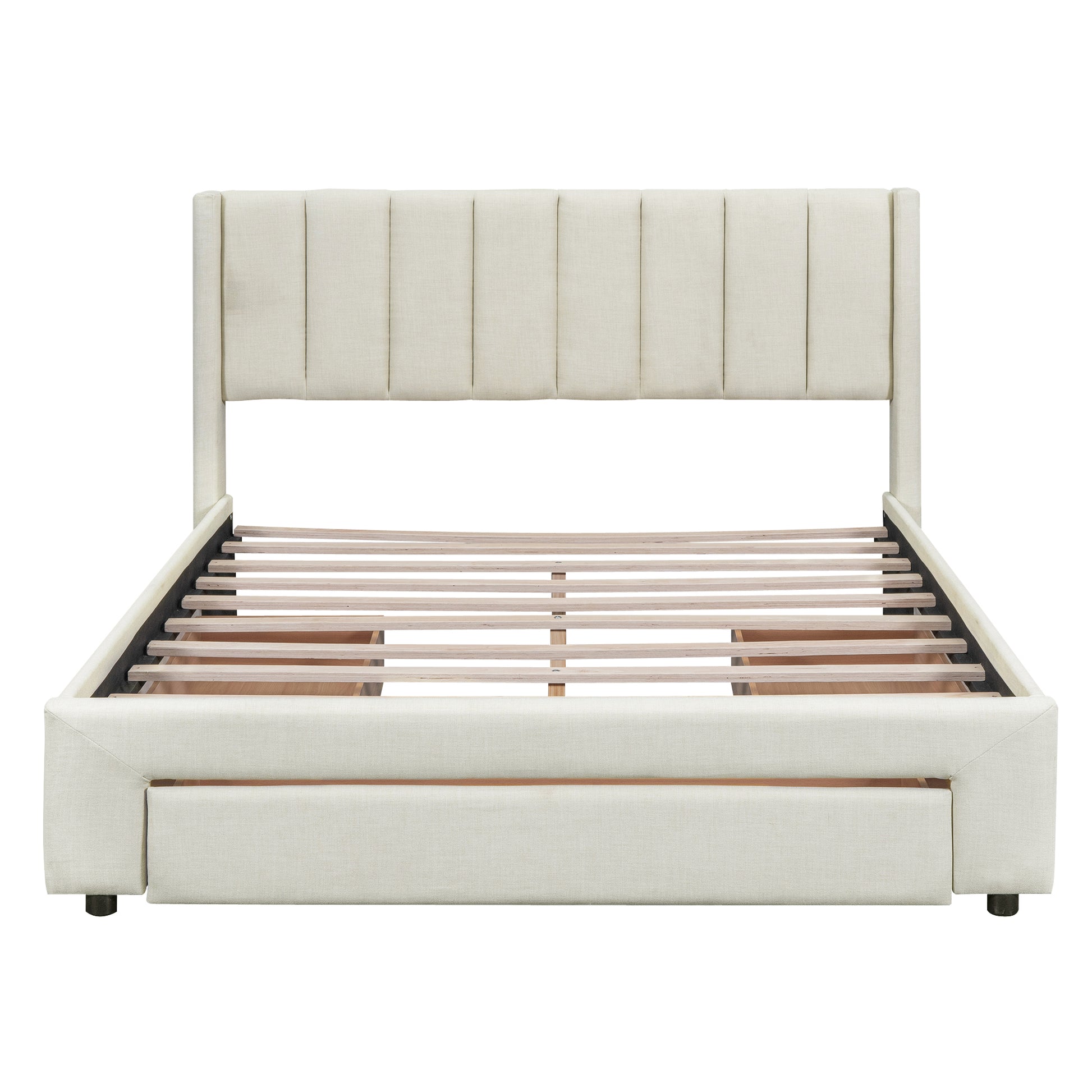 Full Size Upholstered Platform Bed With One Large Drawer In The Footboard And Drawer On Each Side,Beige Box Spring Not Required Full Beige Wood Bedroom Bed Frame Linen Upholstered