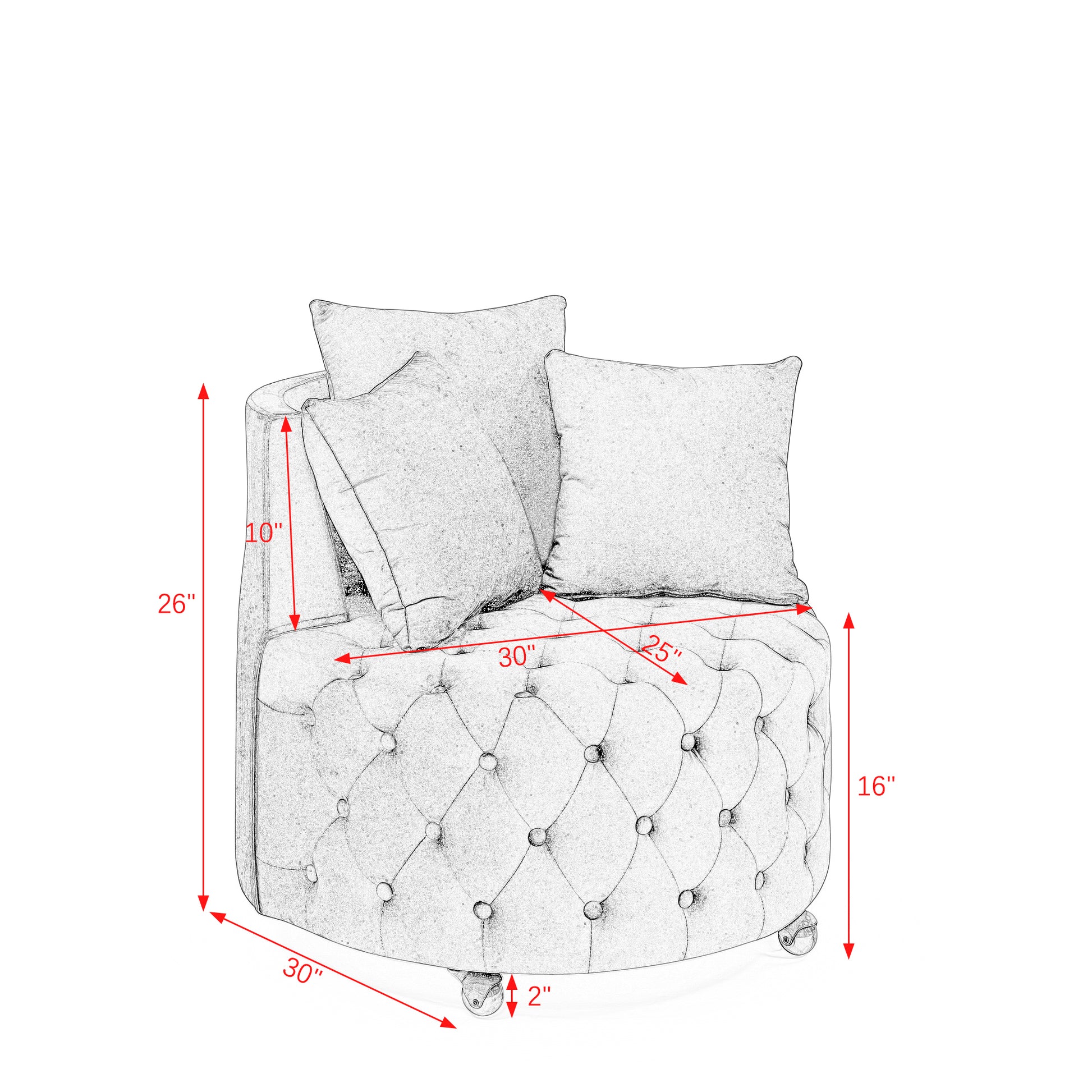 Velvet Upholstered Swivel Chair For Living Room, With Button Tufted Design And Movable Wheels, Including 3 Pillows, Grey Grey Foam