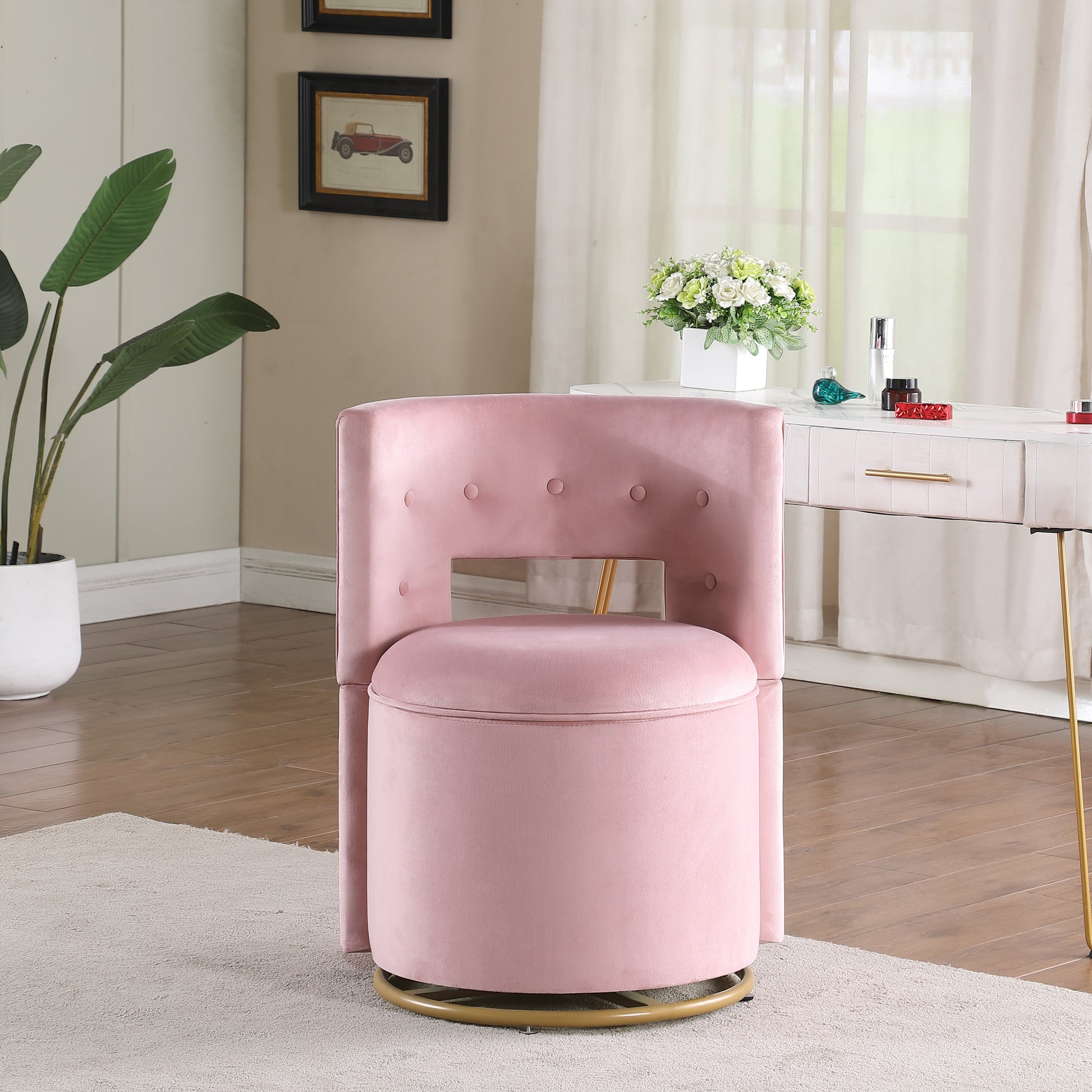 360 Swivel Accent Chair With Storage Function, Velvet Curved Chair With Gold Metal Base For Living Room, Nursery, Bedroom Video Pink Velvet