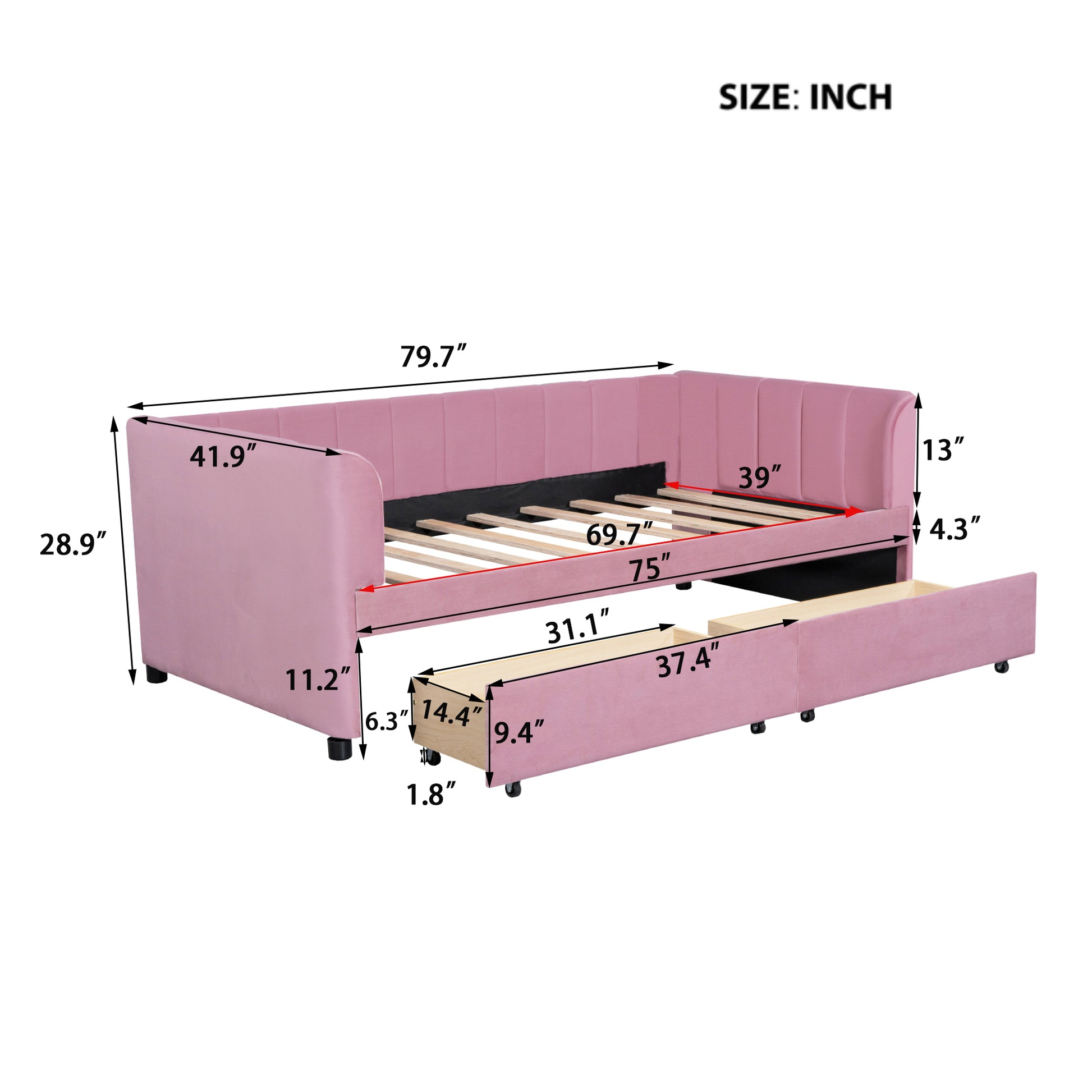 Twin Size Upholstered Daybed With Ergonomic Design Backrest And 2 Drawers, Pink Pink Velvet