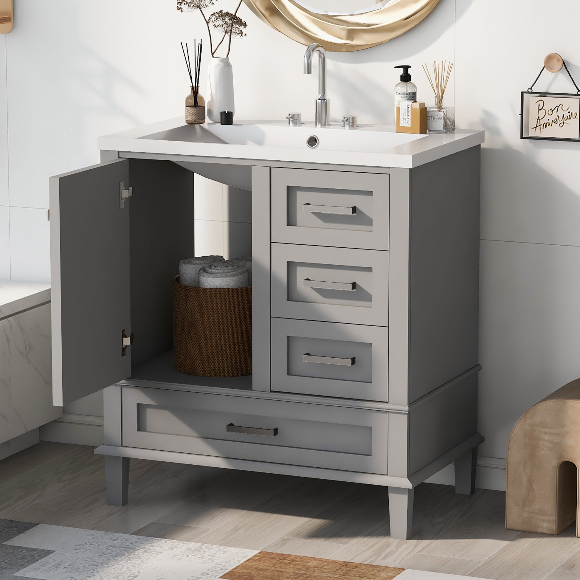 30" Bathroom Vanitymodern Bathroom Cabinet With Sink Combo Set, Bathroom Storage Cabinet With A Soft Closing Door And 3 Drawers, Solid Wood Frame Resin Basin Grey Solid Wood Mdf