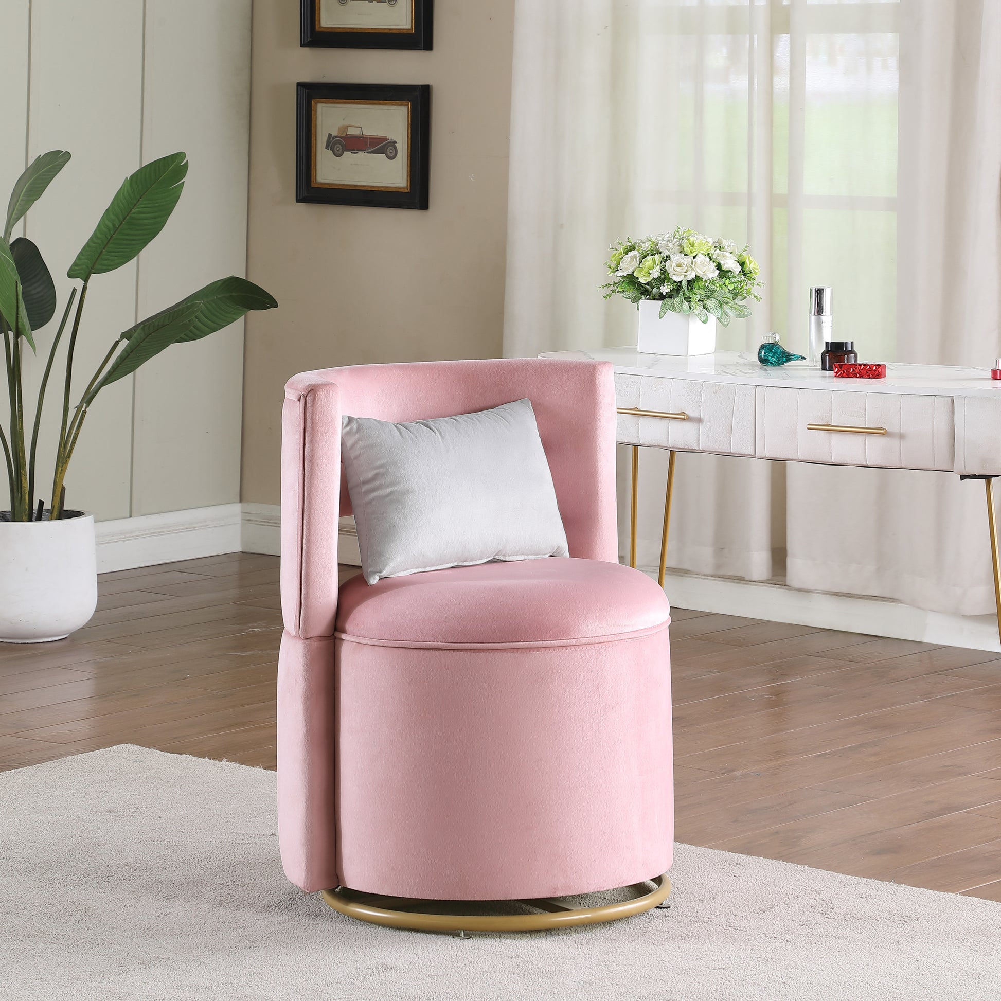 360 Swivel Accent Chair With Storage Function, Velvet Curved Chair With Gold Metal Base For Living Room, Nursery, Bedroom Video Pink Velvet