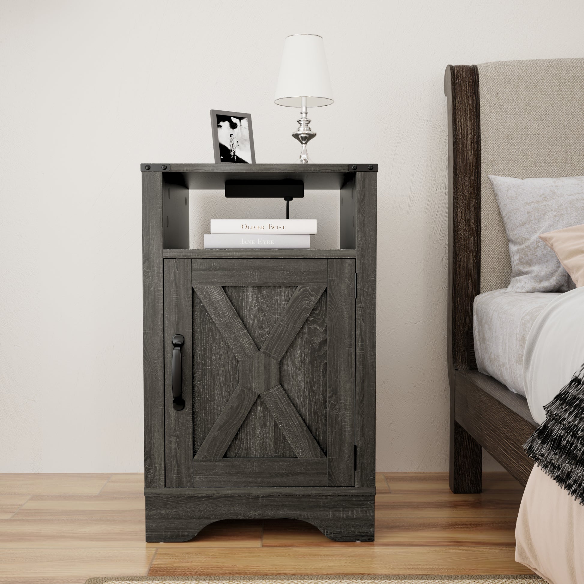 Farmhouse Nightstand Side Table, Wooden Rustic End Table, Tall Bedside Table With Electrical Outlets Charging Station Dark Gray Dark Grey Engineered Wood