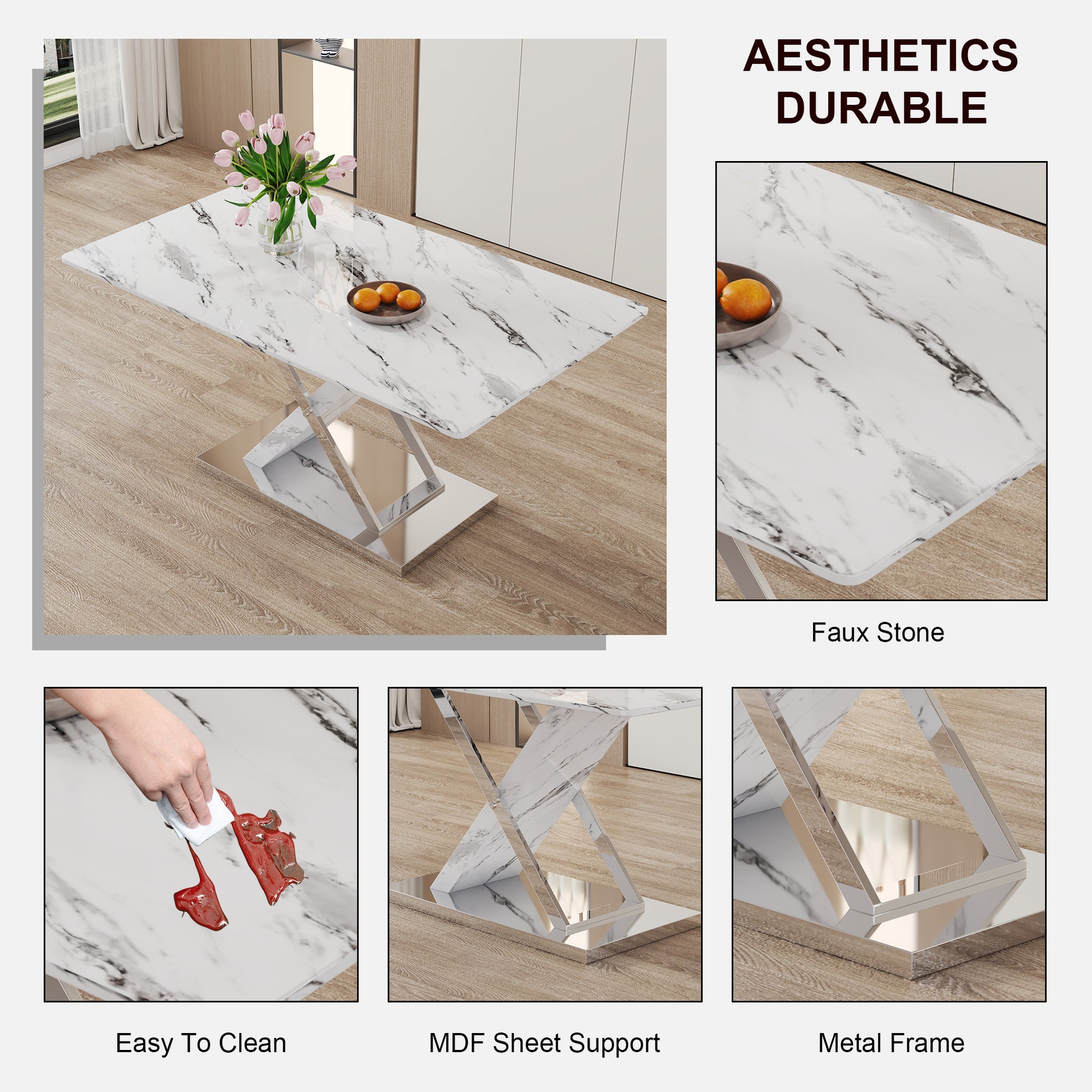 Modern White Rectangular Marble Textured Glass Dining Table And Office Desk. Equipped With Stainless Steel Base. Beautiful And Durable. 63"*37"*30" White Glass