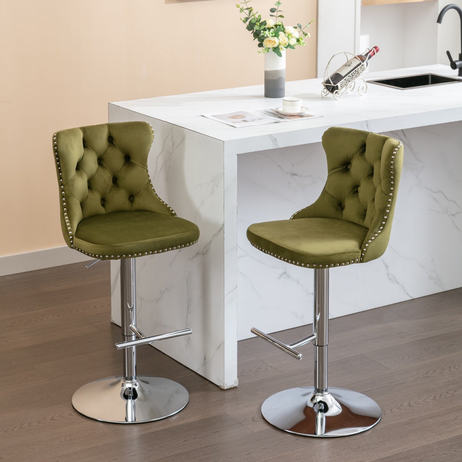 Swivel Velvet Barstools Adjusatble Seat Height From 25 33 Inch, Modern Upholstered Chrome Base Bar Stools With Backs Comfortable Tufted For Home Pub And Kitchen Island, Olive Green,Set Of 2,1712Ol