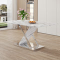 Modern White Rectangular Marble Textured Glass Dining Table And Office Desk. Equipped With Stainless Steel Base. Beautiful And Durable. 63