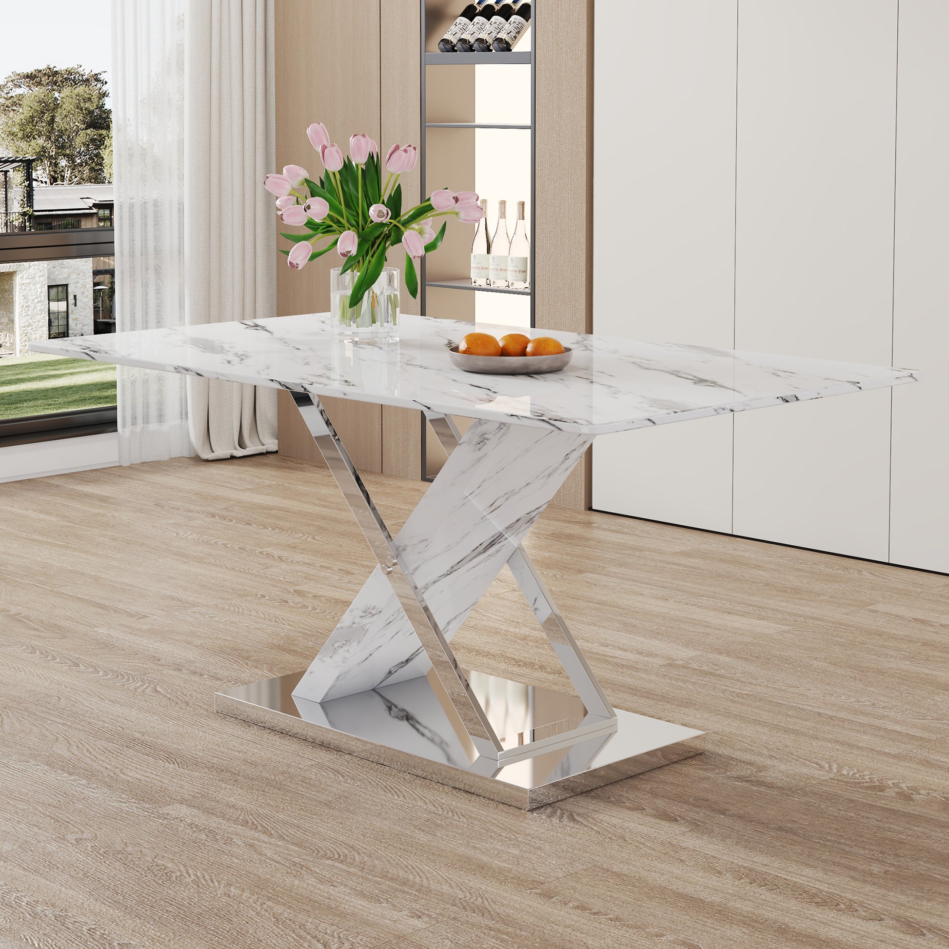 Modern White Rectangular Marble Textured Glass Dining Table And Office Desk. Equipped With Stainless Steel Base. Beautiful And Durable. 63"*37"*30" White Glass