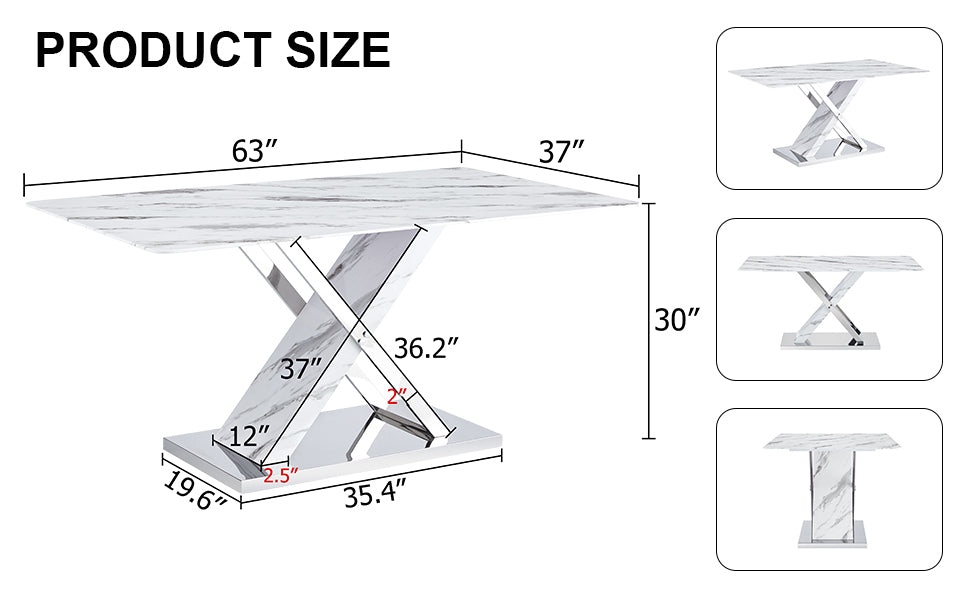 Modern White Rectangular Marble Textured Glass Dining Table And Office Desk. Equipped With Stainless Steel Base. Beautiful And Durable. 63"*37"*30" White Glass