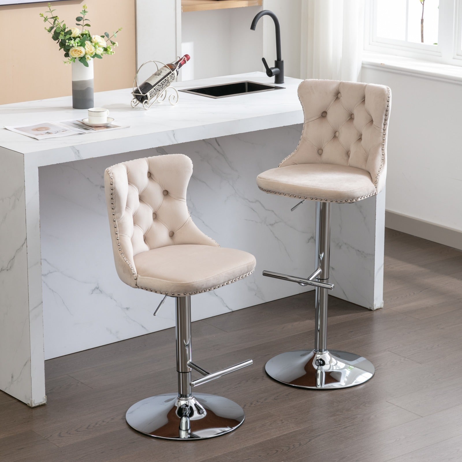 Swivel Velvet Barstools Adjusatble Seat Height From 25 33 Inch, Modern Upholstered Chrome Base Bar Stools With Backs Comfortable Tufted For Home Pub And Kitchen Island, Beige,Set Of 2 Beige Dining Room American Design Bar Stools Foam Velvet