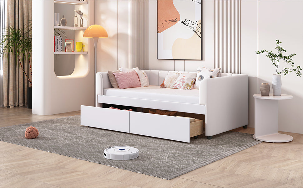 Twin Size Upholstered Daybed With Ergonomic Design Backrest And 2 Drawers, Beige Beige Velvet