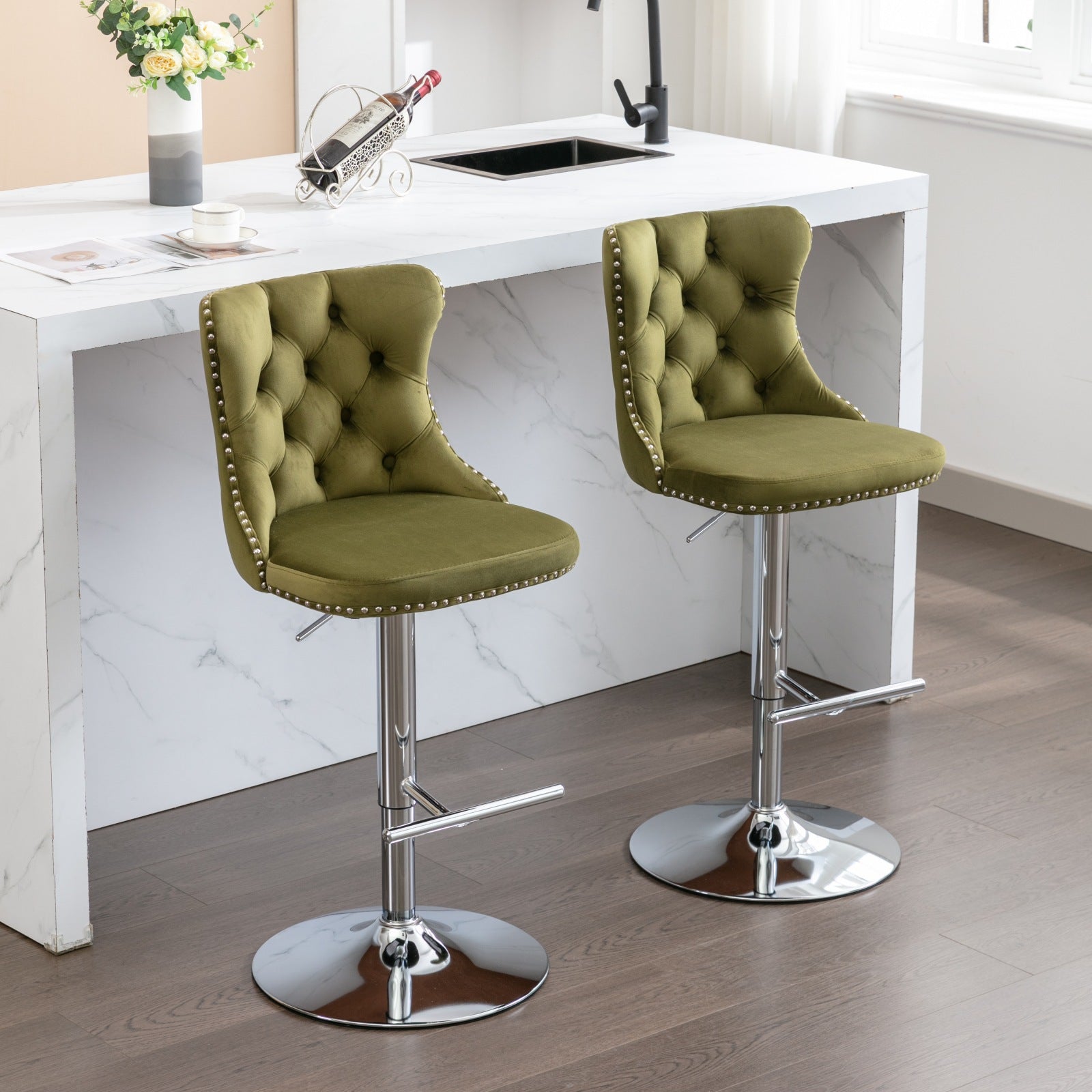 Swivel Velvet Barstools Adjusatble Seat Height From 25 33 Inch, Modern Upholstered Chrome Base Bar Stools With Backs Comfortable Tufted For Home Pub And Kitchen Island, Olive Green,Set Of 2,1712Ol