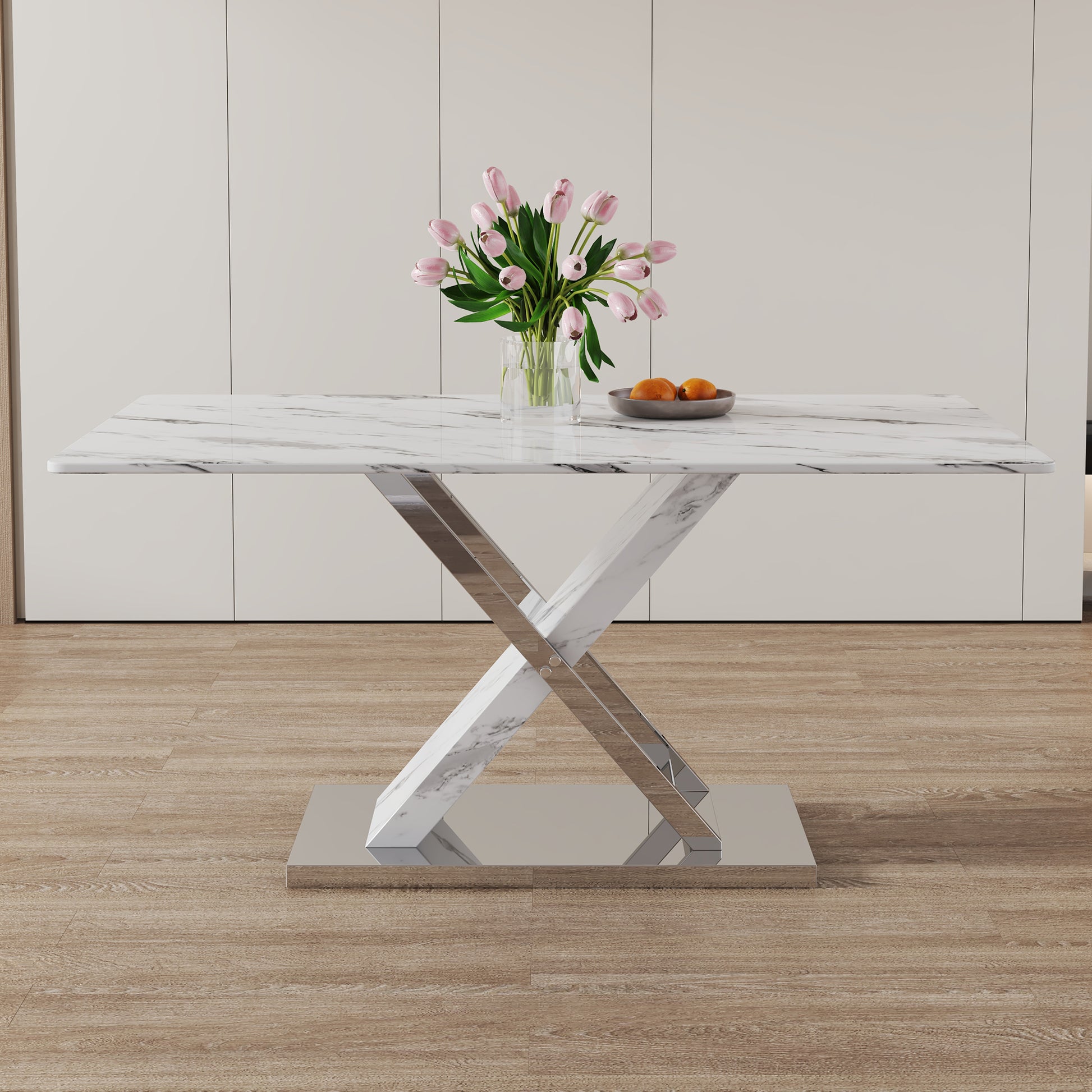 Modern White Rectangular Marble Textured Glass Dining Table And Office Desk. Equipped With Stainless Steel Base. Beautiful And Durable. 63"*37"*30" White Glass