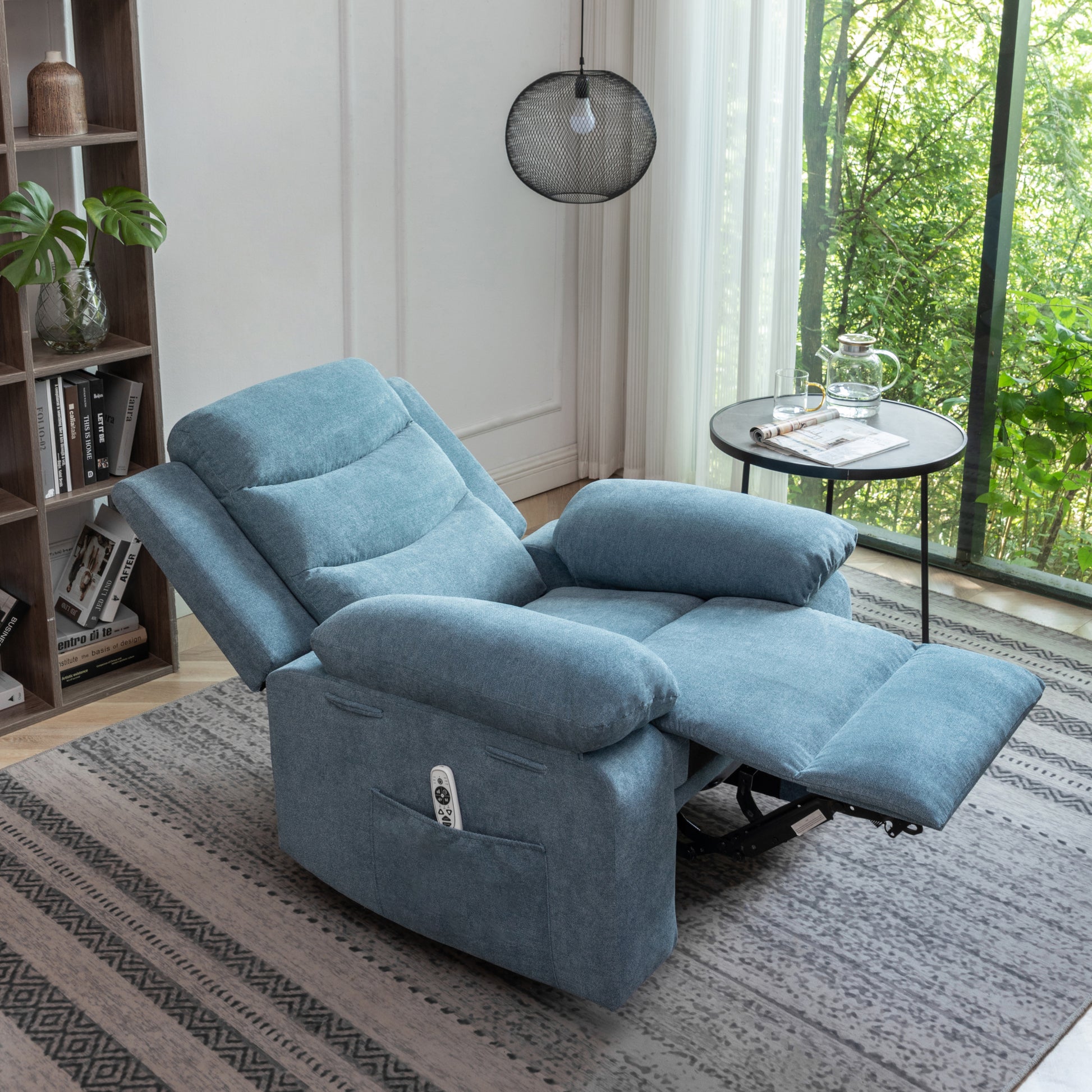 Power Recliner Chair With Adjustable Massage Function, Velvet Electric Power Chair For Elderly With One Side Pockets, Recliner Chair With Heating System For Living Room,Blue Blue Velvet