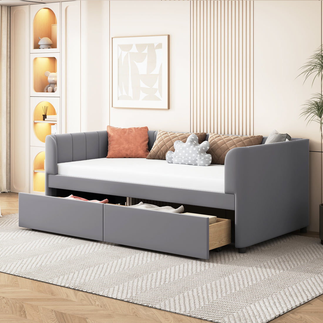 Twin Size Upholstered Daybed With Ergonomic Design Backrest And 2 Drawers, Gray Gray Velvet