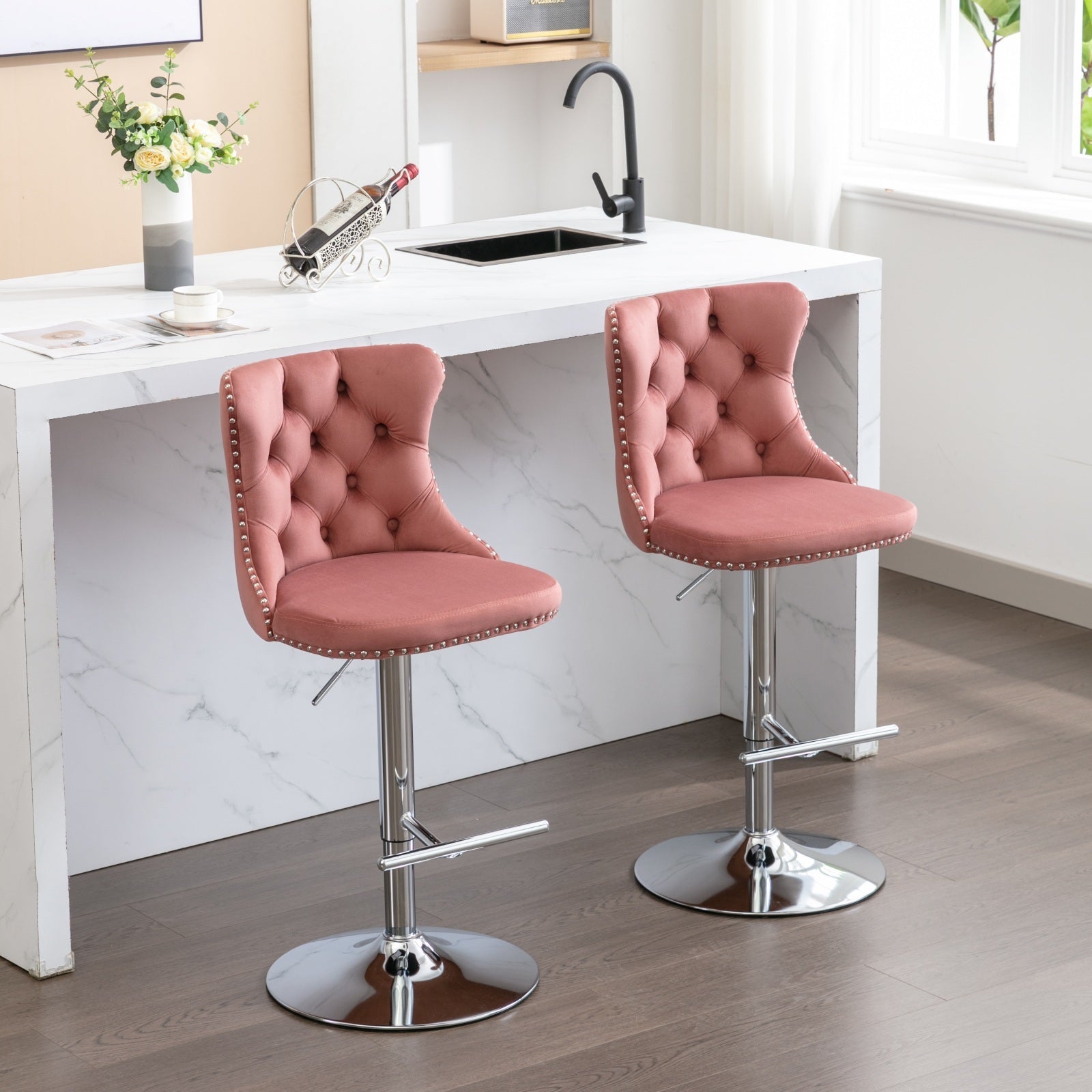 Swivel Velvet Barstools Adjusatble Seat Height From 25 33 Inch, Modern Upholstered Chrome Base Bar Stools With Backs Comfortable Tufted For Home Pub And Kitchen Island, Pink,Set Of 2,1712Pk Pink Dining Room American Design Bar Stools Foam Velvet