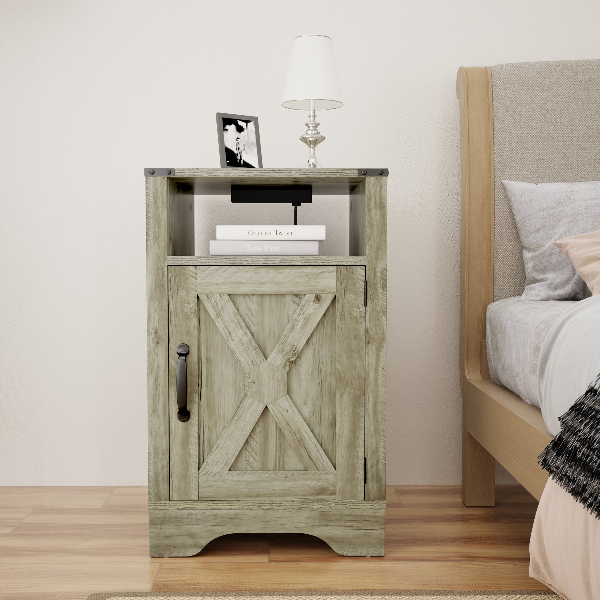 Farmhouse Nightstand Side Table, Wooden Rustic End Table, Tall Bedside Table With Electrical Outlets Charging Station Light Grey Light Grey Engineered Wood