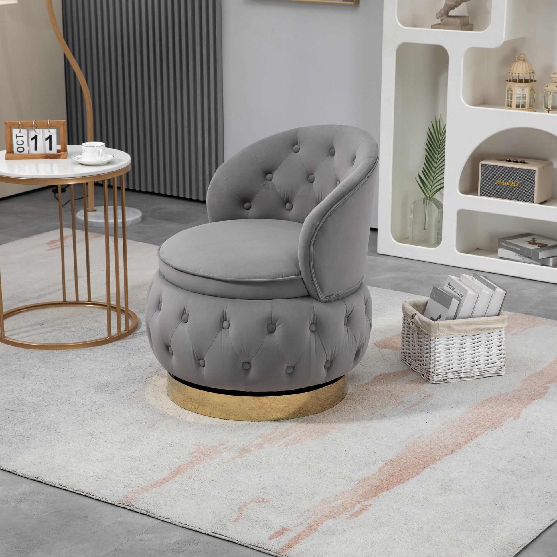 360 Degree Swivel Cuddle Barrel Accent Storage Chairs, Round Armchairs With Wide Upholstered, Fluffy Velvet Fabric Chair For Living Room, Bedroom, Office, Waiting Rooms Gray Primary Living Space Foam Velvet