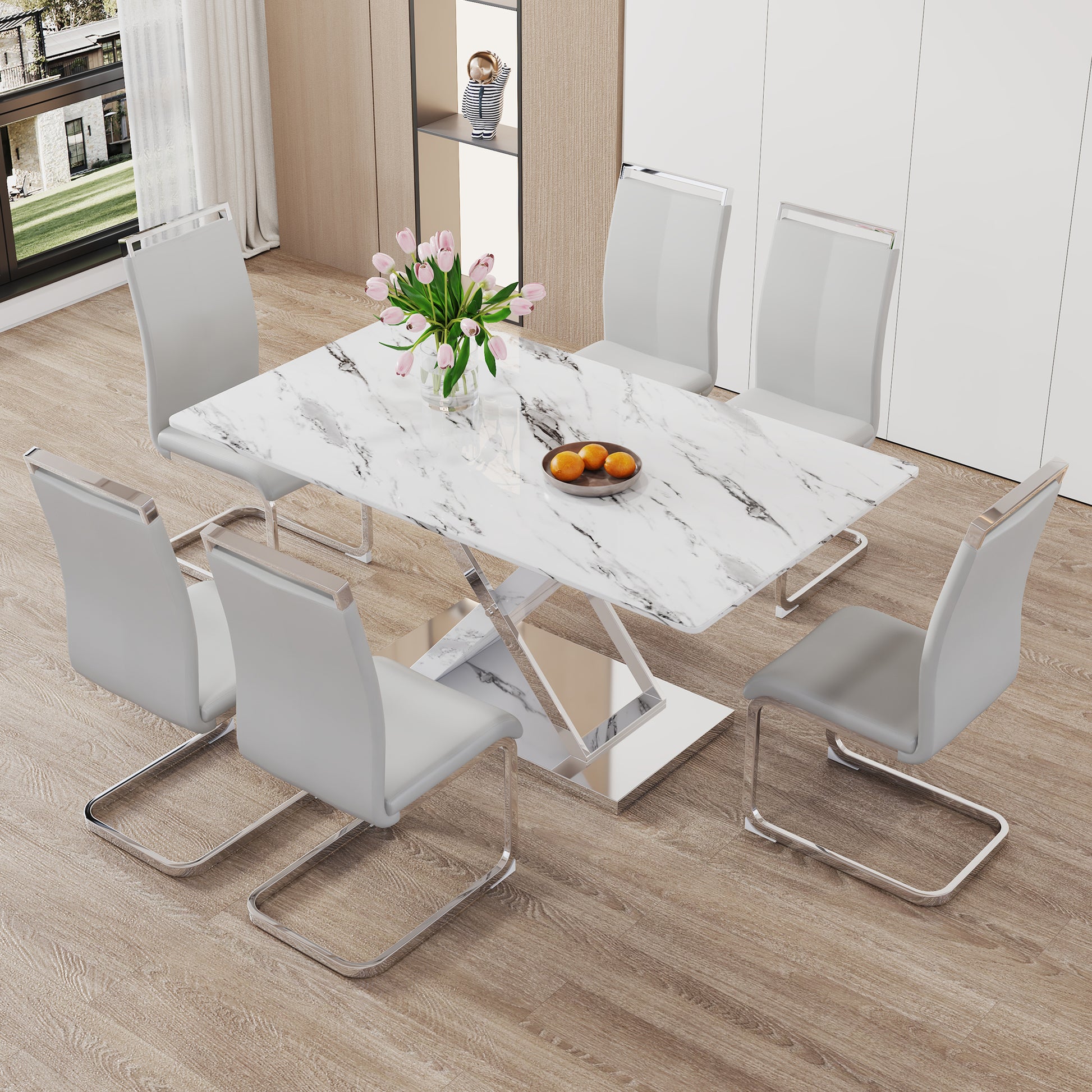 Modern White Rectangular Marble Textured Glass Dining Table And Office Desk. Equipped With Stainless Steel Base. Beautiful And Durable. 63"*37"*30" White Glass