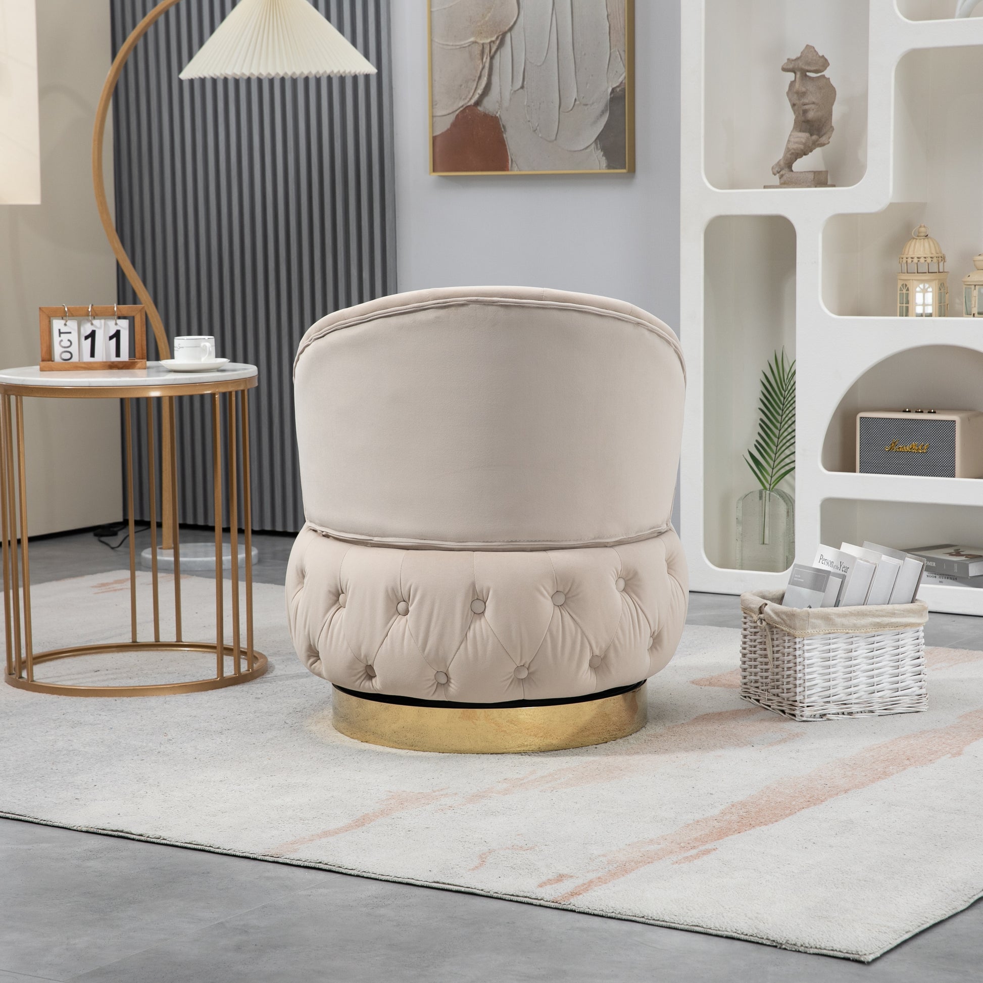 360 Degree Swivel Cuddle Barrel Accent Storage Chairs, Round Armchairs With Wide Upholstered, Fluffy Velvet Fabric Chair For Living Room, Bedroom, Office, Waiting Rooms Beige Primary Living Space Foam Velvet