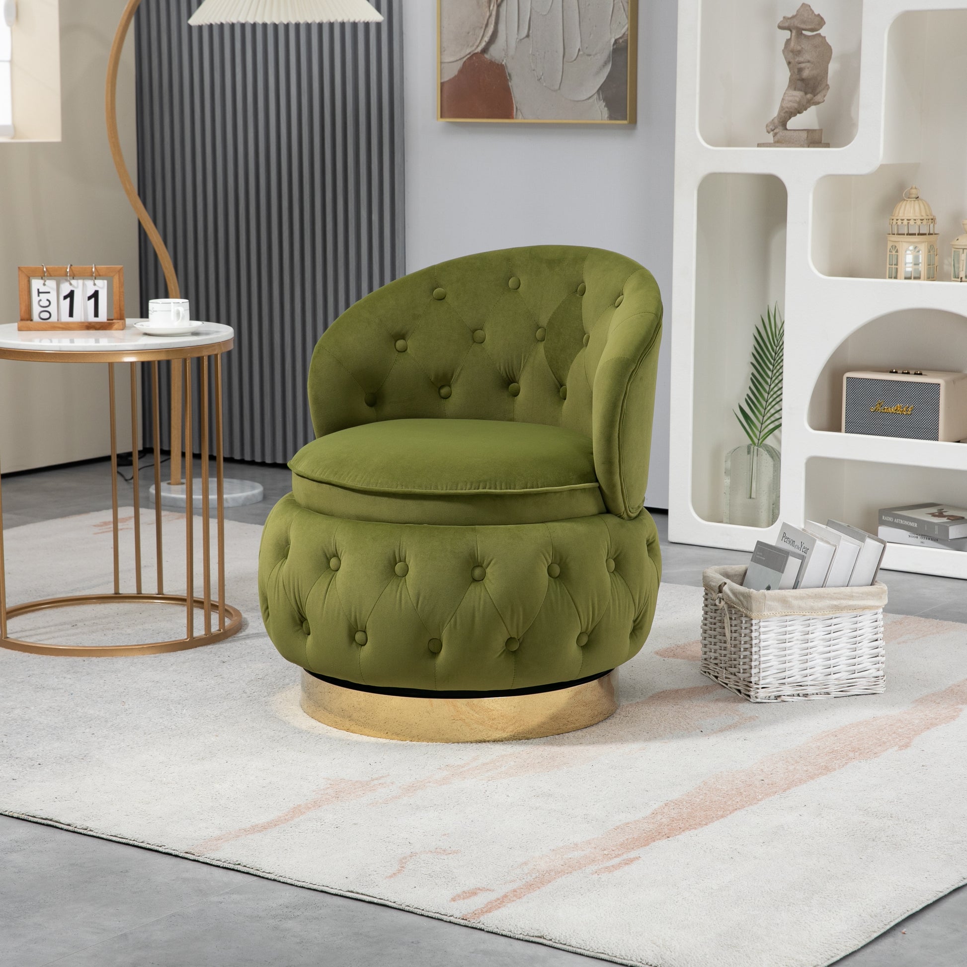 360 Degree Swivel Cuddle Barrel Accent Storage Chairs, Round Armchairs With Wide Upholstered, Fluffy Velvet Fabric Chair For Living Room, Bedroom, Office, Waiting Rooms Olive Green Primary Living Space Foam Velvet